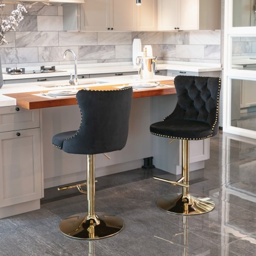 Golden Swivel Velvet Barstools Adjusatble Seat Height From 25-33 Inch Black