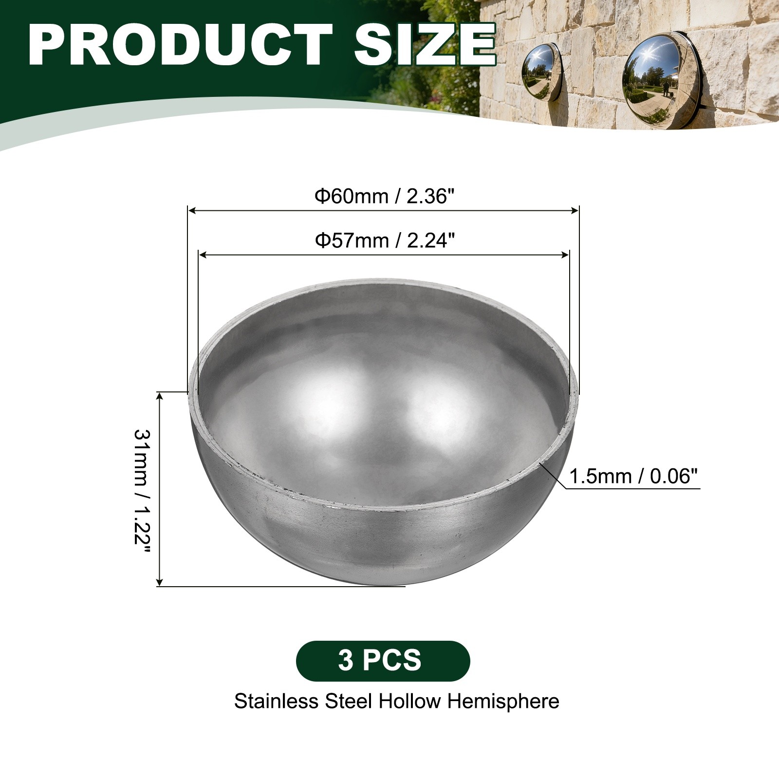 3pcs 59.5mm(2.3") OD 304 Stainless Steel Hollow Mirror Polished Hemisphere Ball