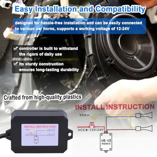 Car Horn Controller, 12-24V Adjustable Volume Levels Customizable 12 Sounds