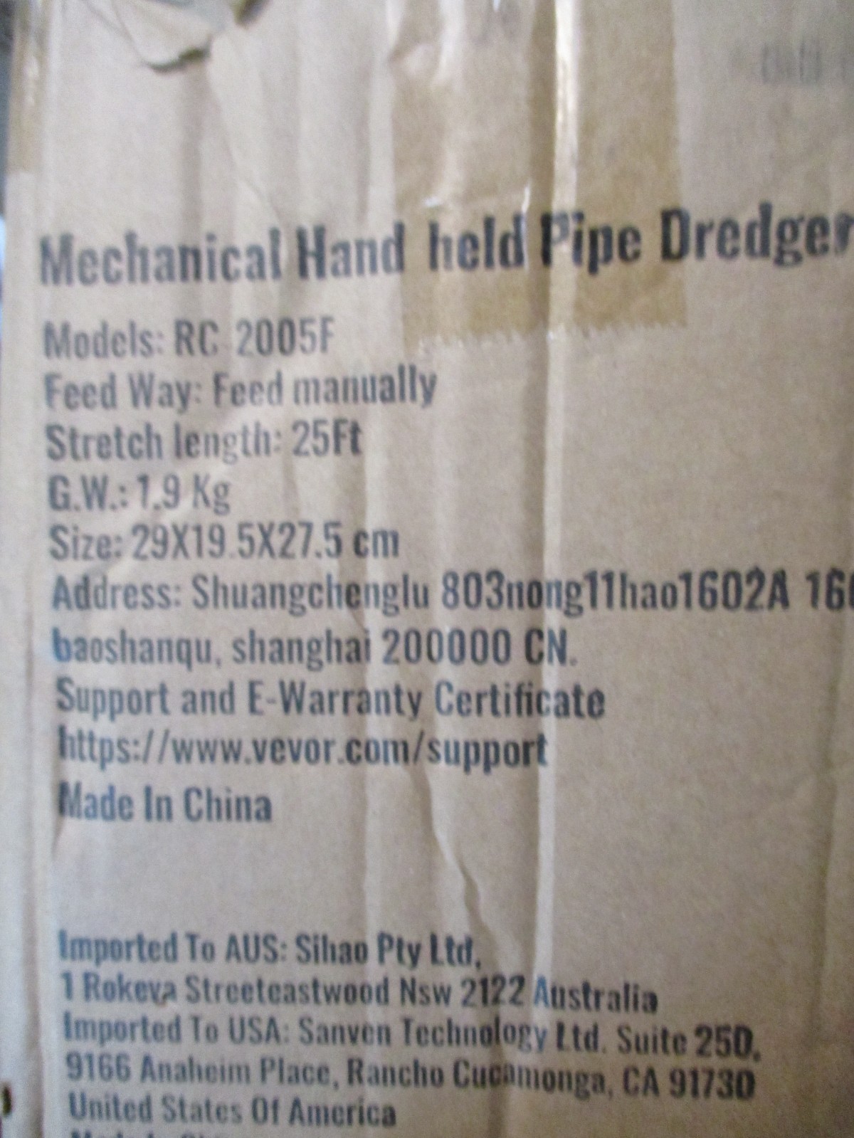 Vevor Mechanical Hand-Held Pipe Dredger Model RC-2005F 25'