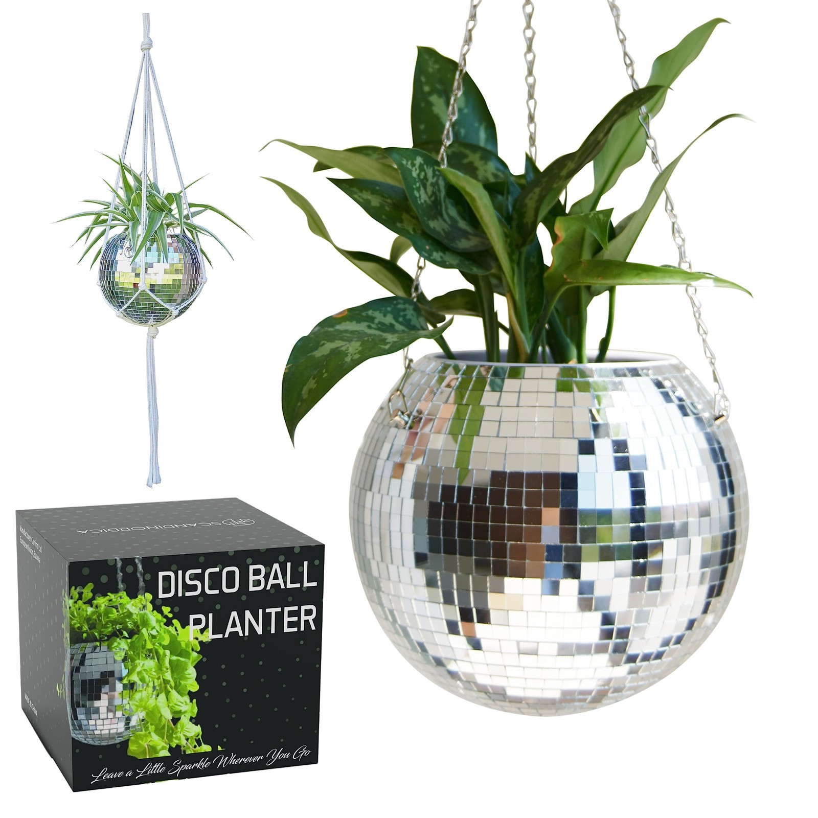 Disco Ball Planter – Value Package: Mirror Disco Planter with Chain, Macrame ...