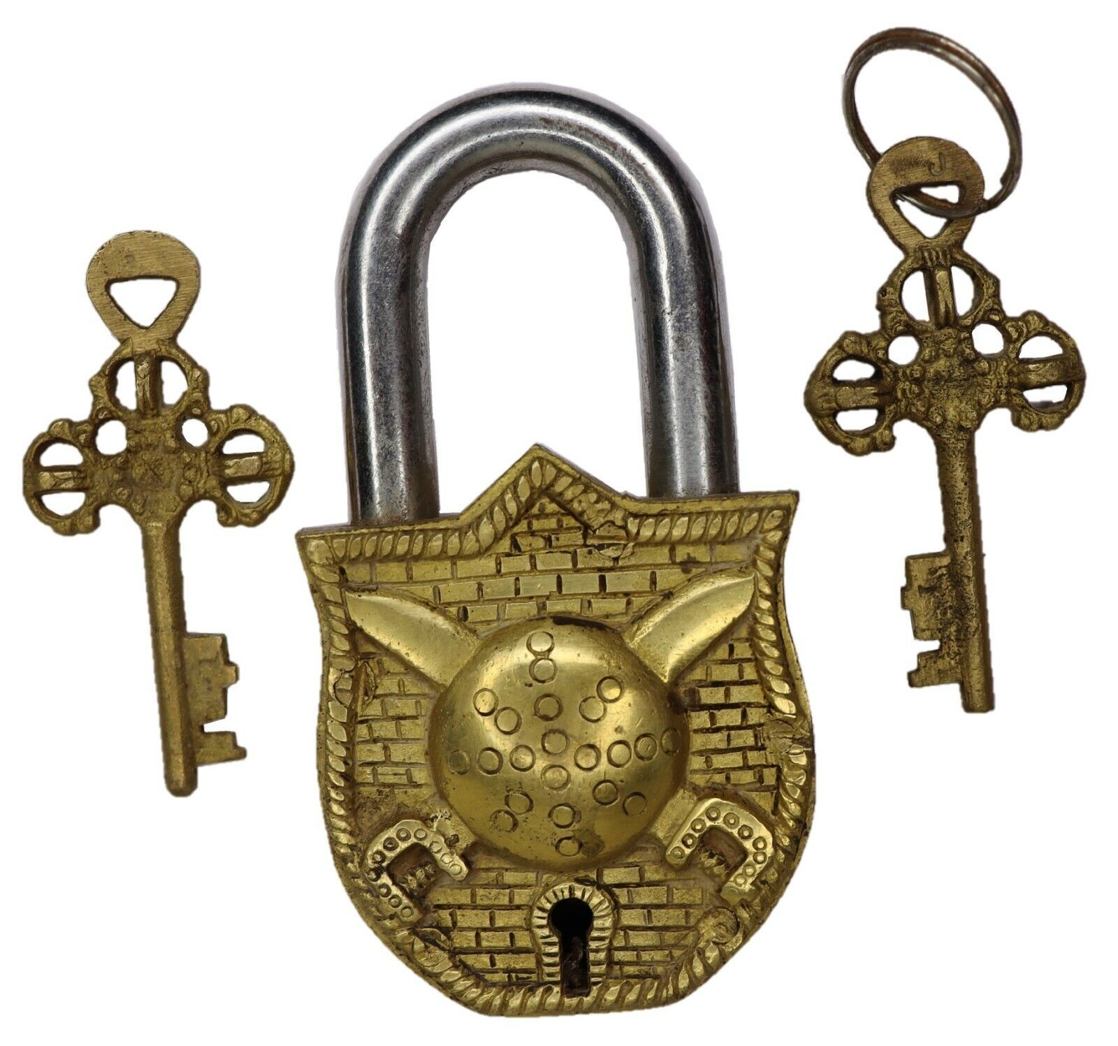 Sword & Shield Engraved Antique Vintage Style Door Lock Handmade Brass Padlock