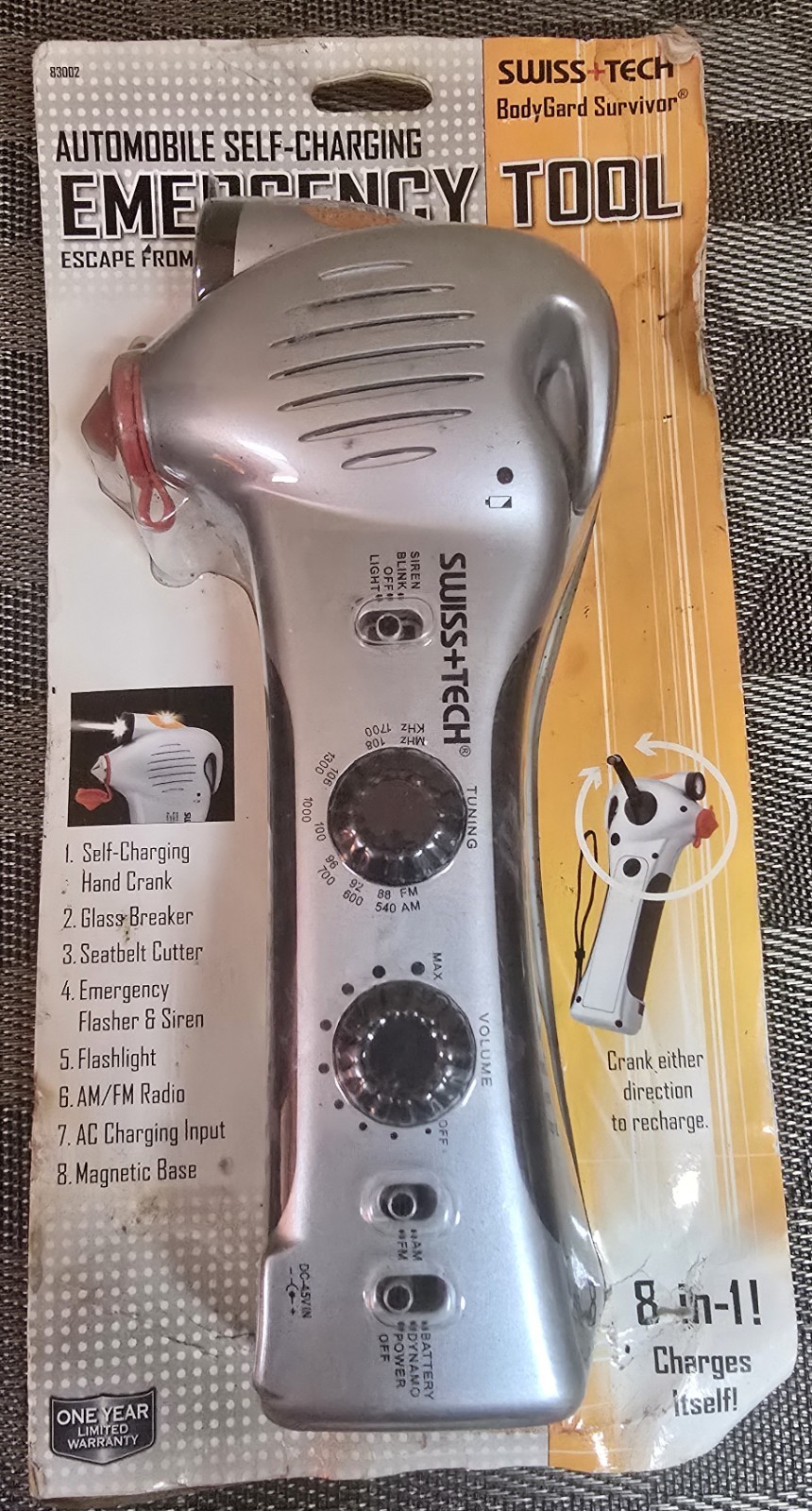 Swiss+Tech Auto Self Charging Emergency Tool; Radio, Glass Break, Siren & More