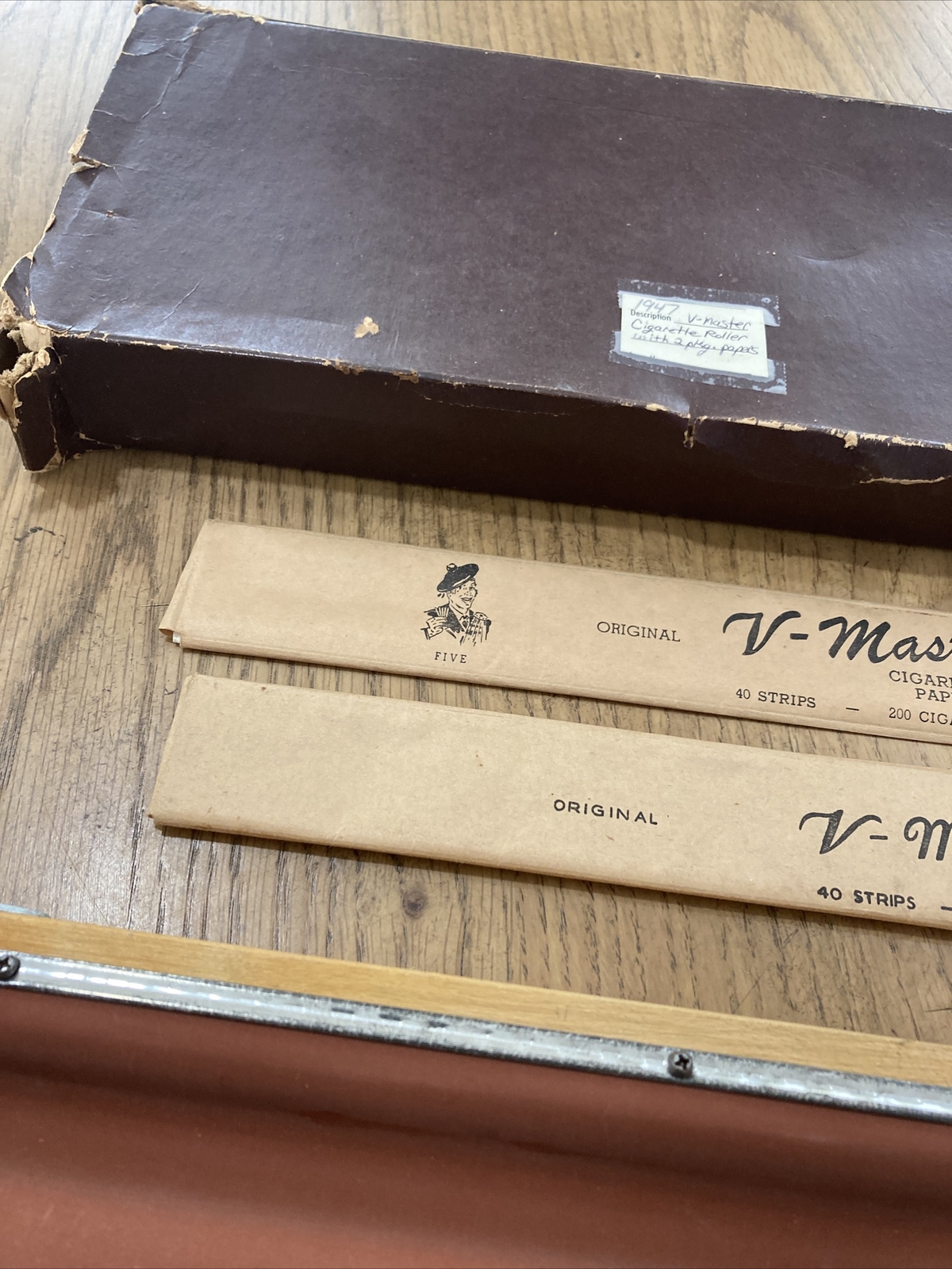 MID CENTURY V-MASTER EXTRA LONG 16" CIGARETTE MAKER ROLLER W/PAPERS IN ORIG. BOX