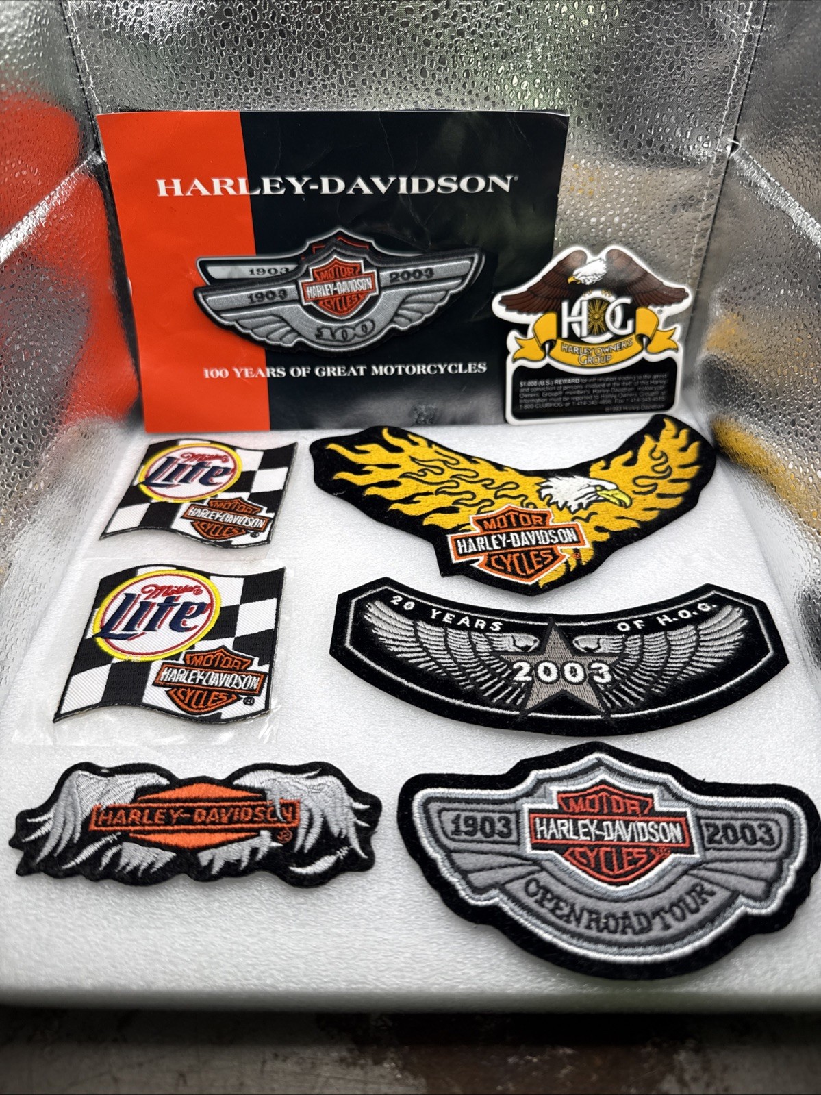 7 Vintage Harley Davidson Patch Lot Wings, Eagle, Miller Light 100year - H