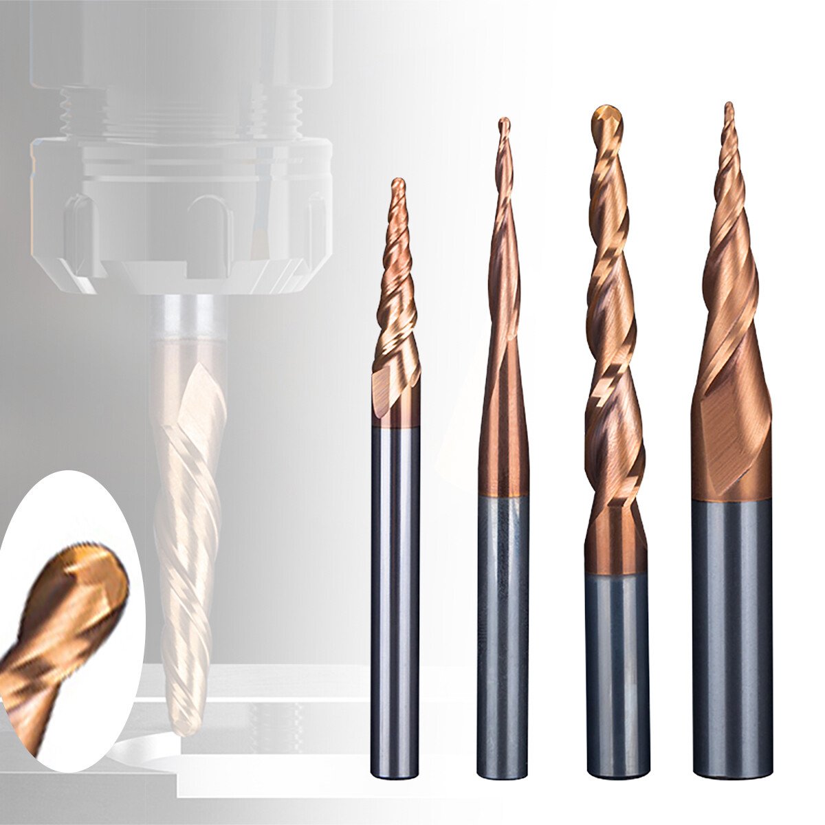Ball Nose Tapered End Mills HRC55 R0.25 - R2 Carbide CNC Cutting Steel