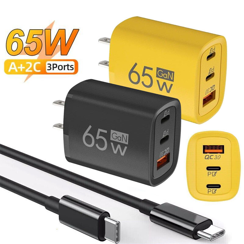 65W Double USB-C + QC3.0 Fast Wall Charger Type C Cord Cable For Cell Phone iPad