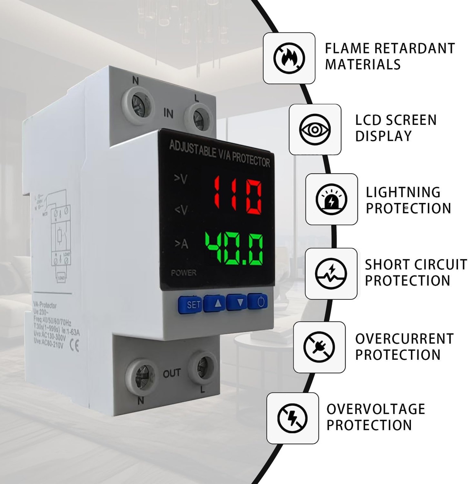 Smart Voltage Protector, 1-40A Adjustable 110V/220V DIN Rail Mount Circuit Br...