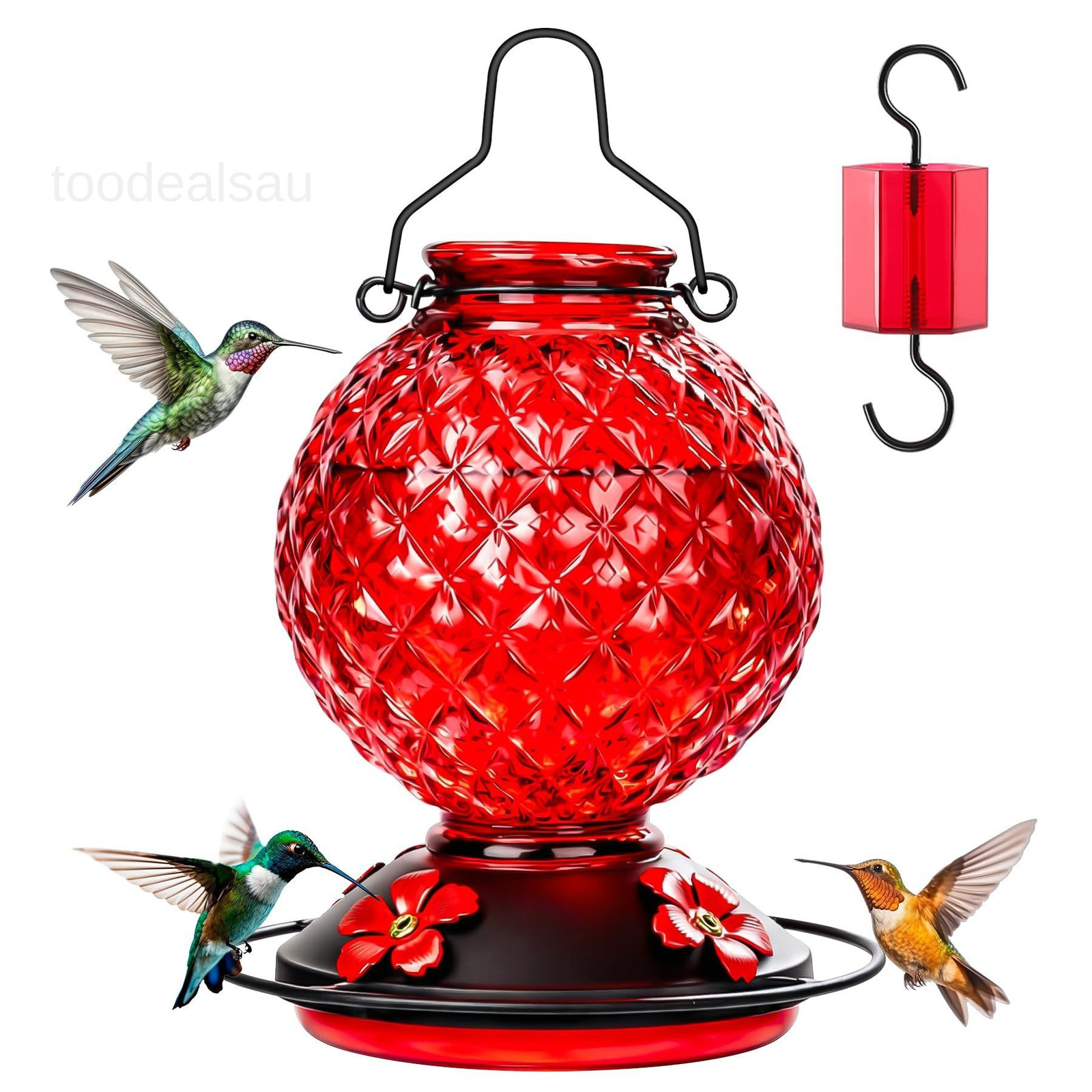 25 OZ Glass Hummingbird Feeder for Outdoors Hanging, Humming Red