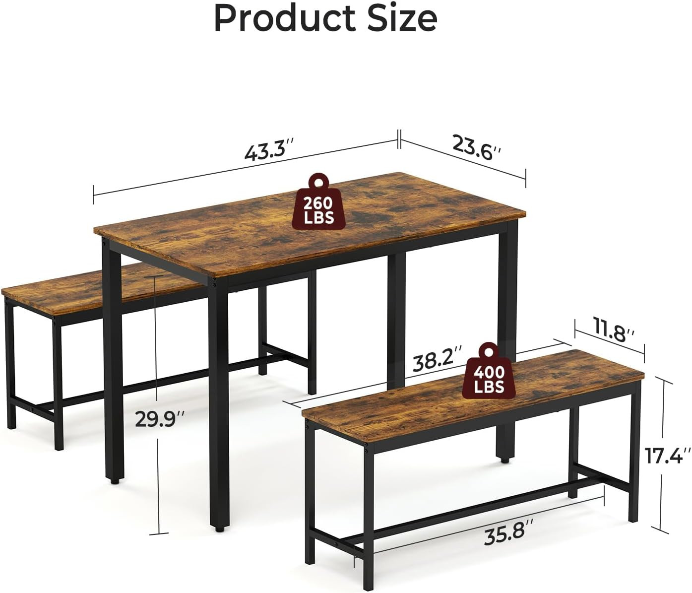Compact 3-Piece Dining Table Set for 4 with Benches - Space-Saving Design