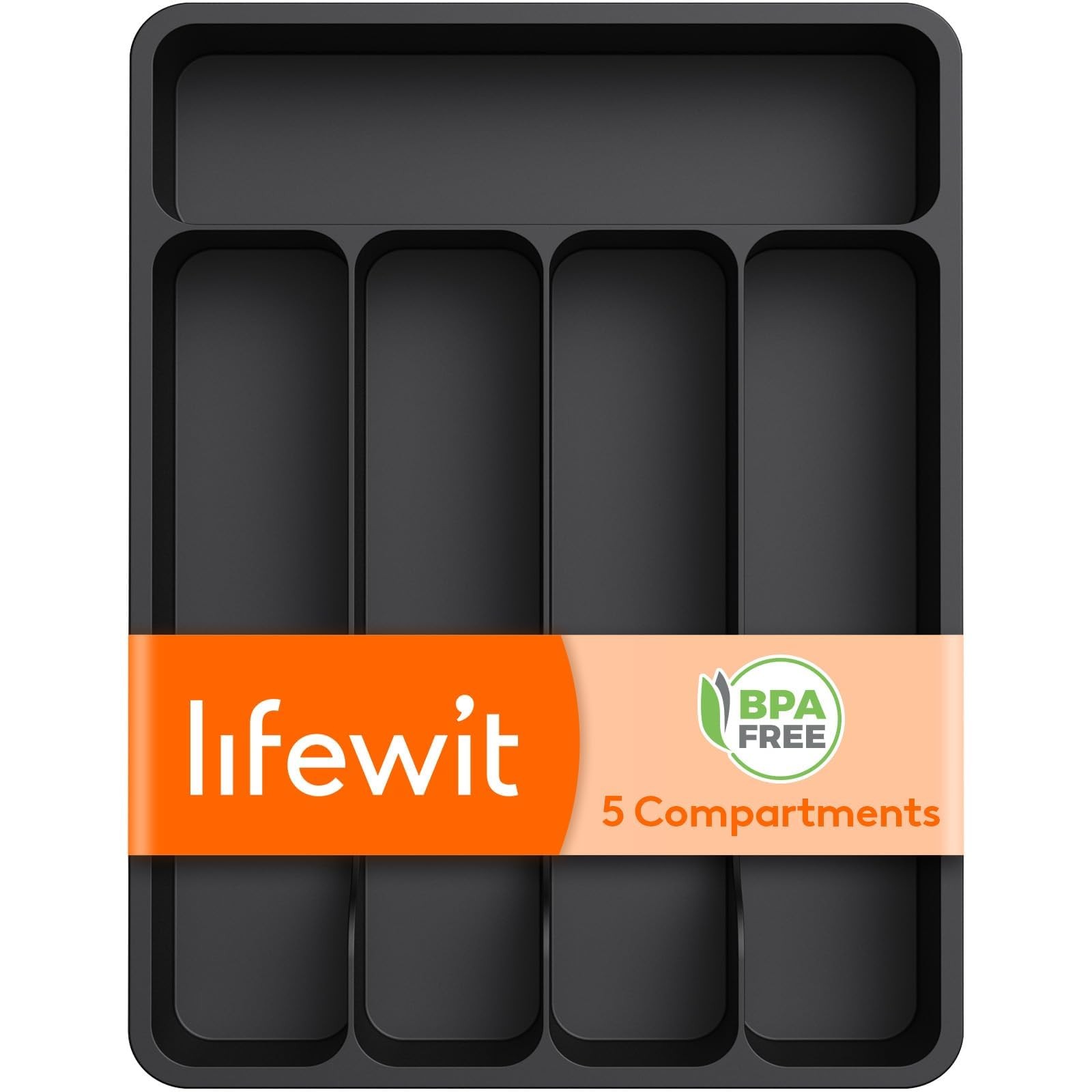 Lifewit Silverware Drawer Organizer Tray, 9.1 x 12.6 inch (5 Slots), Black