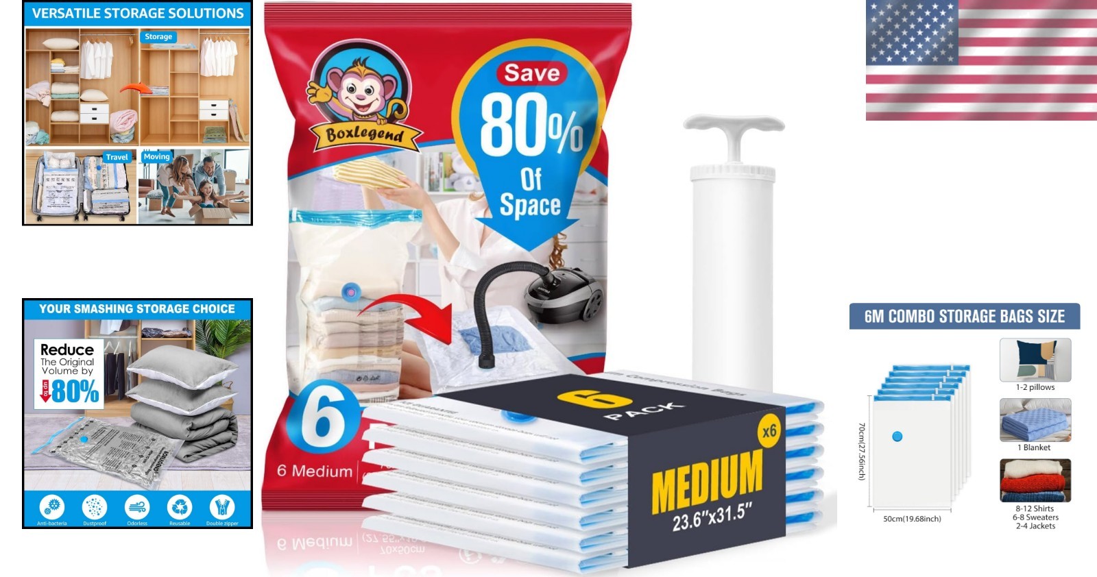 Transparent Compression Bags with Pump - 6 Medium Storage Solutions for Clothing