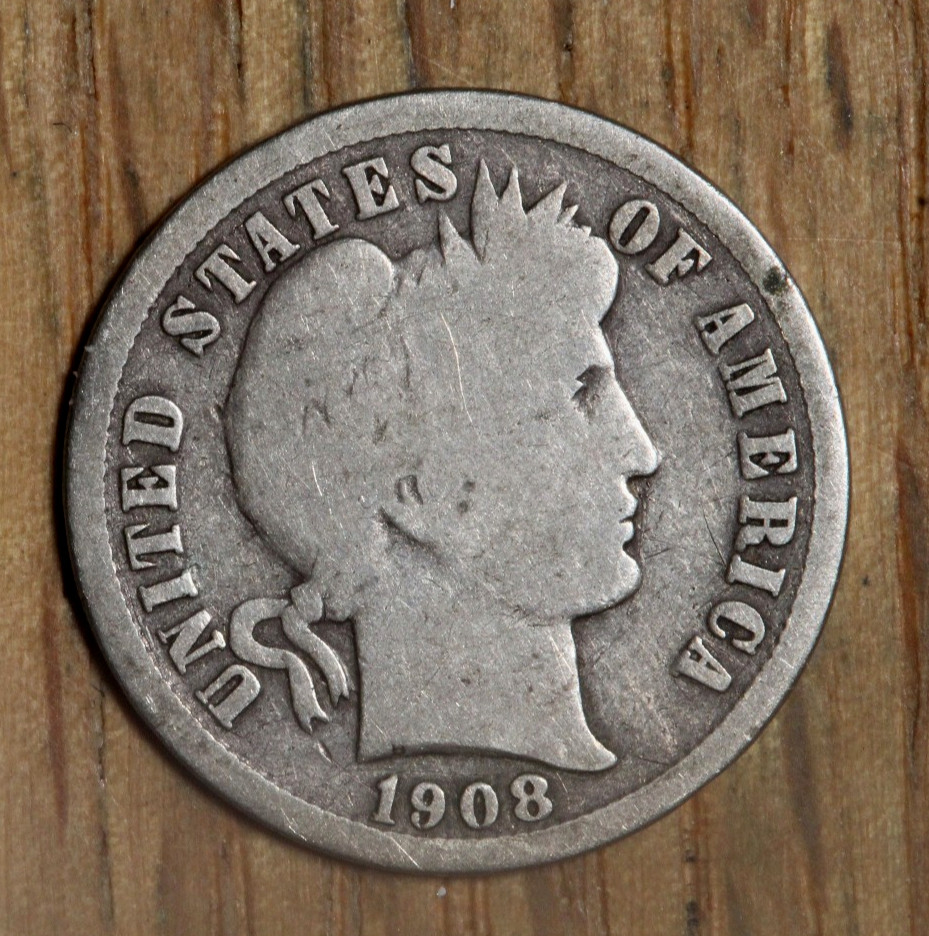 1908 D Liberty Head "Barber" Silver Dime 10¢ - G - Good
