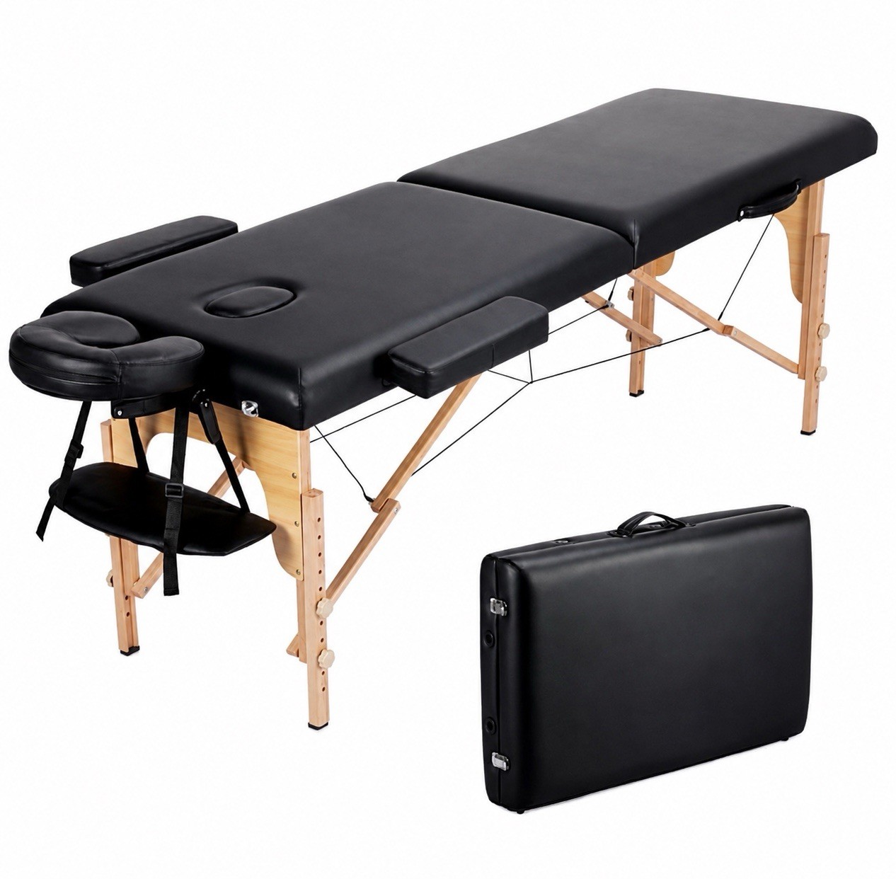 Design 2 Section Portable and Adjustable Wooden Massage Table, 84" x 32.3" Black