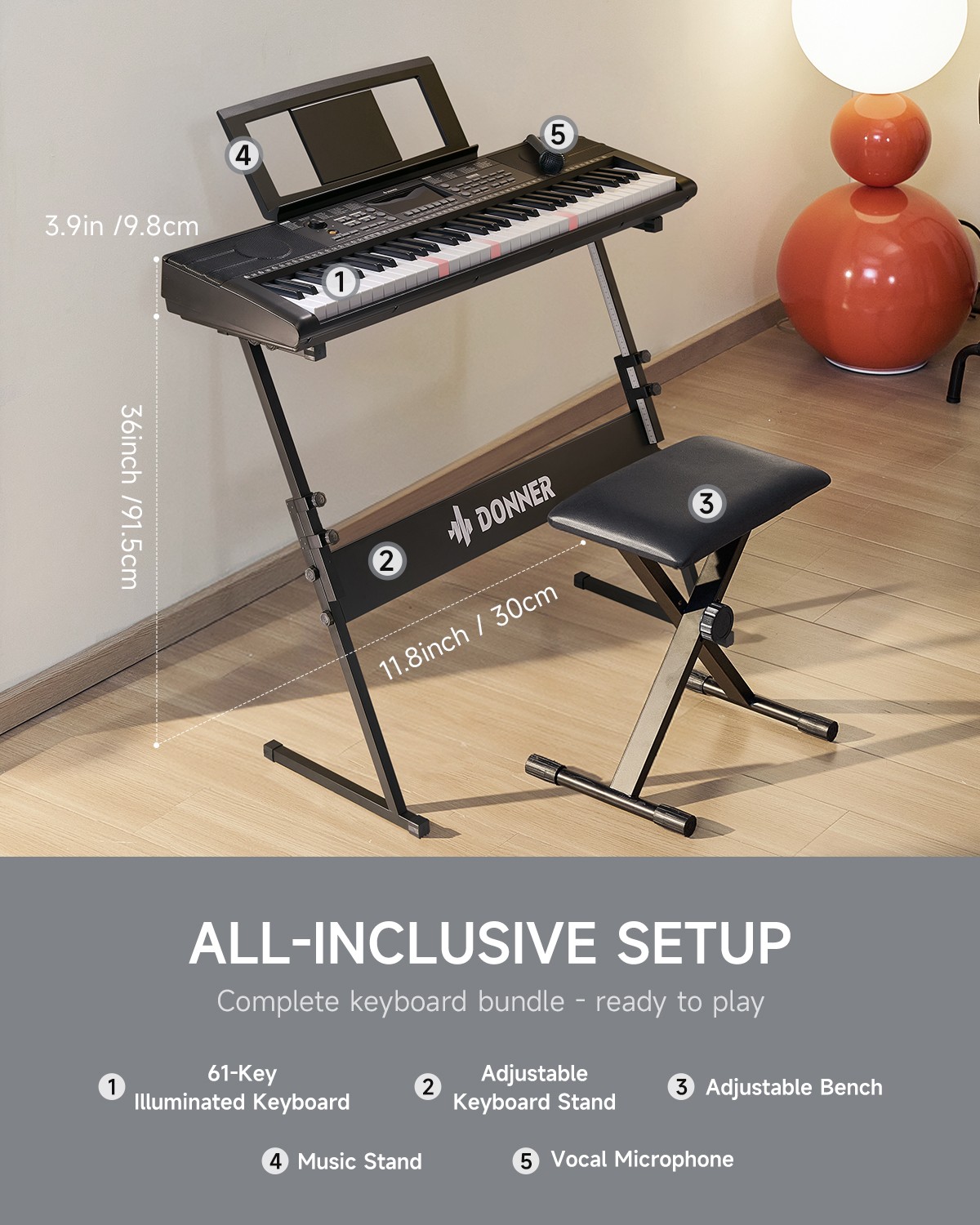 🎹 Donner DEK-300 Digital Keyboard Piano 61 illuminated Key With Stand Bench Mic