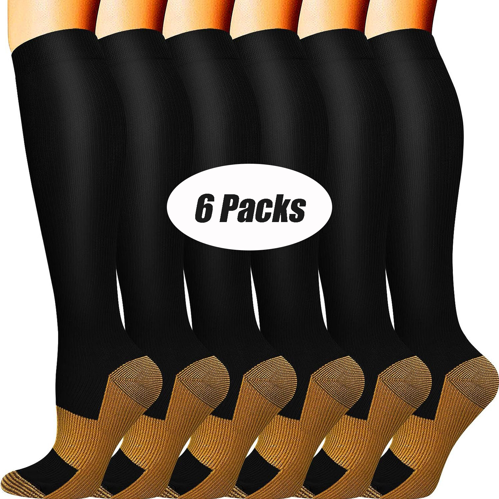 6Pair Copper Compression Sock Fitness Knee High 20-30mmHg Energy Support Recover