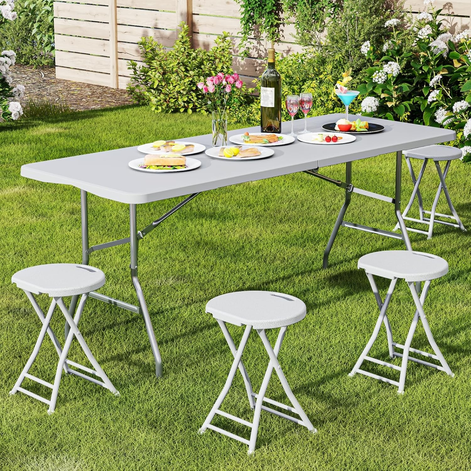 4 Pack Folding Stools with Foldable Table 6ft, Heavy Duty Dining Table and