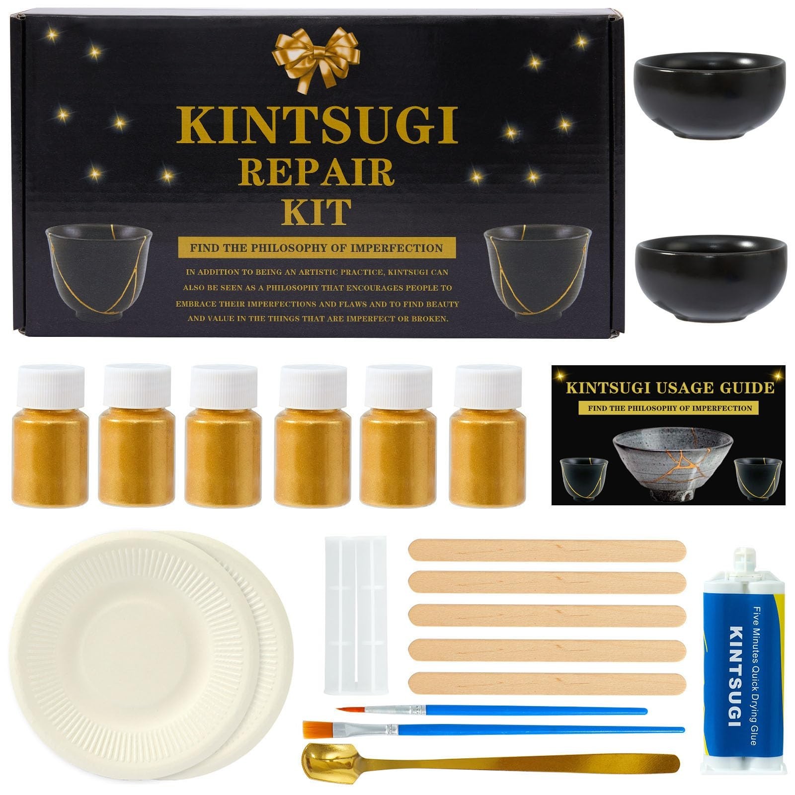 deuvuo Kintsugi Repair Kit Gold, 21 Pcs Authentic Kintsugi Repair Kit to Revi...