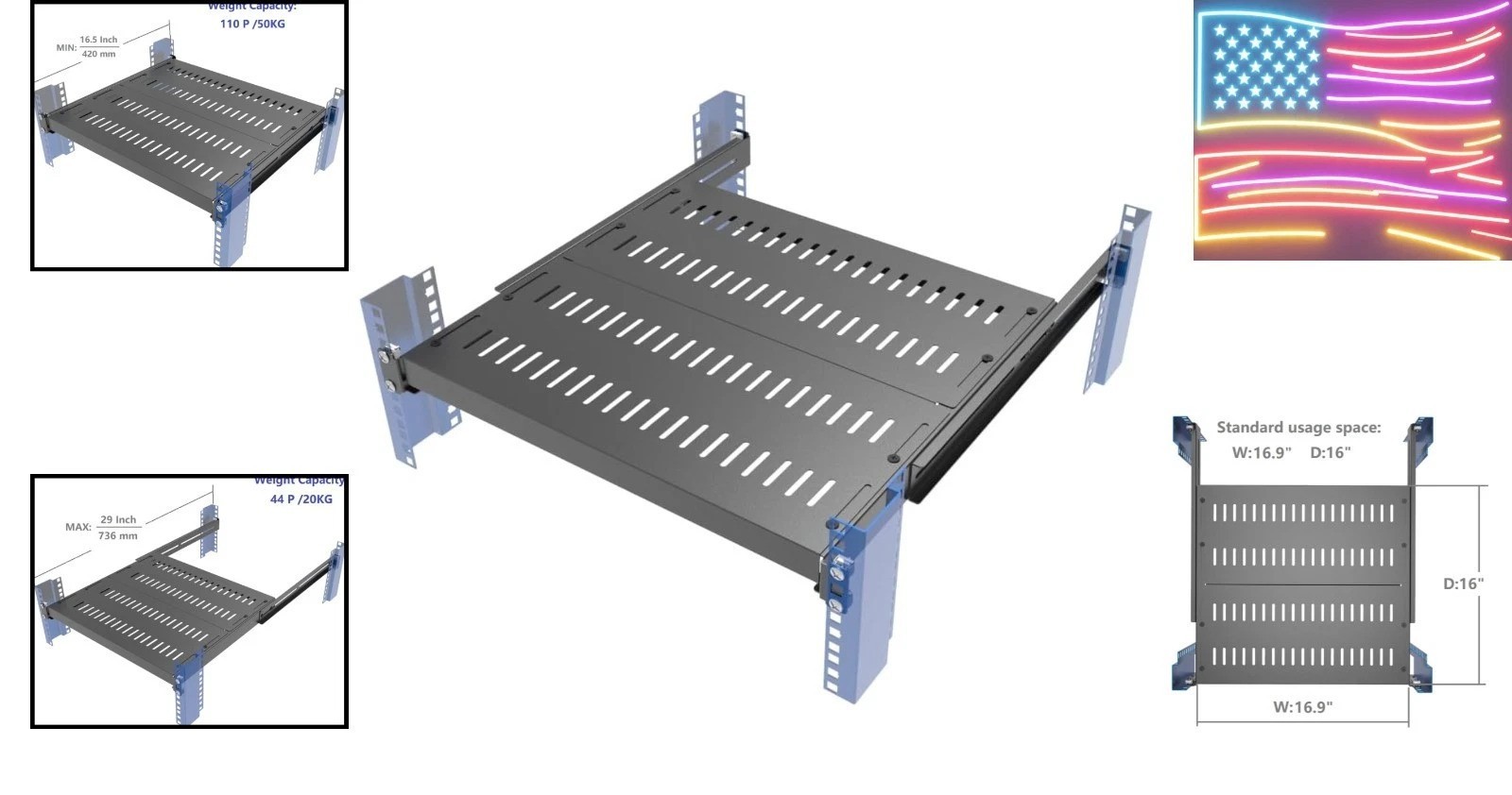 1U Vented 4-Post Adjustable Server Shelf- Universal Tray 16.5-29" Adjustable ...