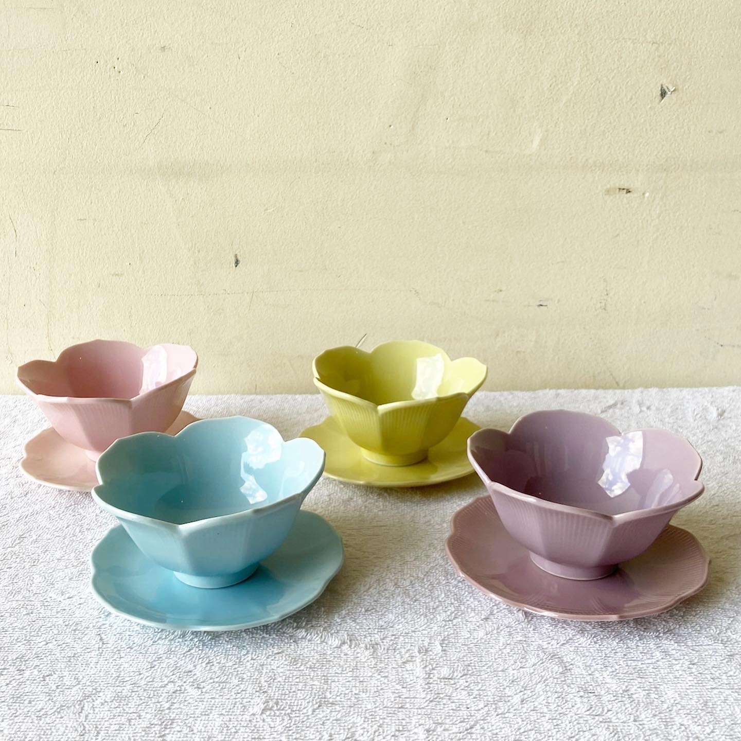 Purple, Pink, Blue and Yellow Lillian Venon Lotus Bowls and Saucers, 8 Pieces