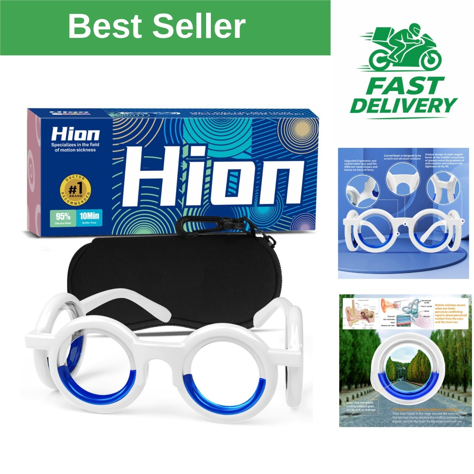 Hion Motion Sickness Glasses for Nausea Relief - Lightweight & Portable