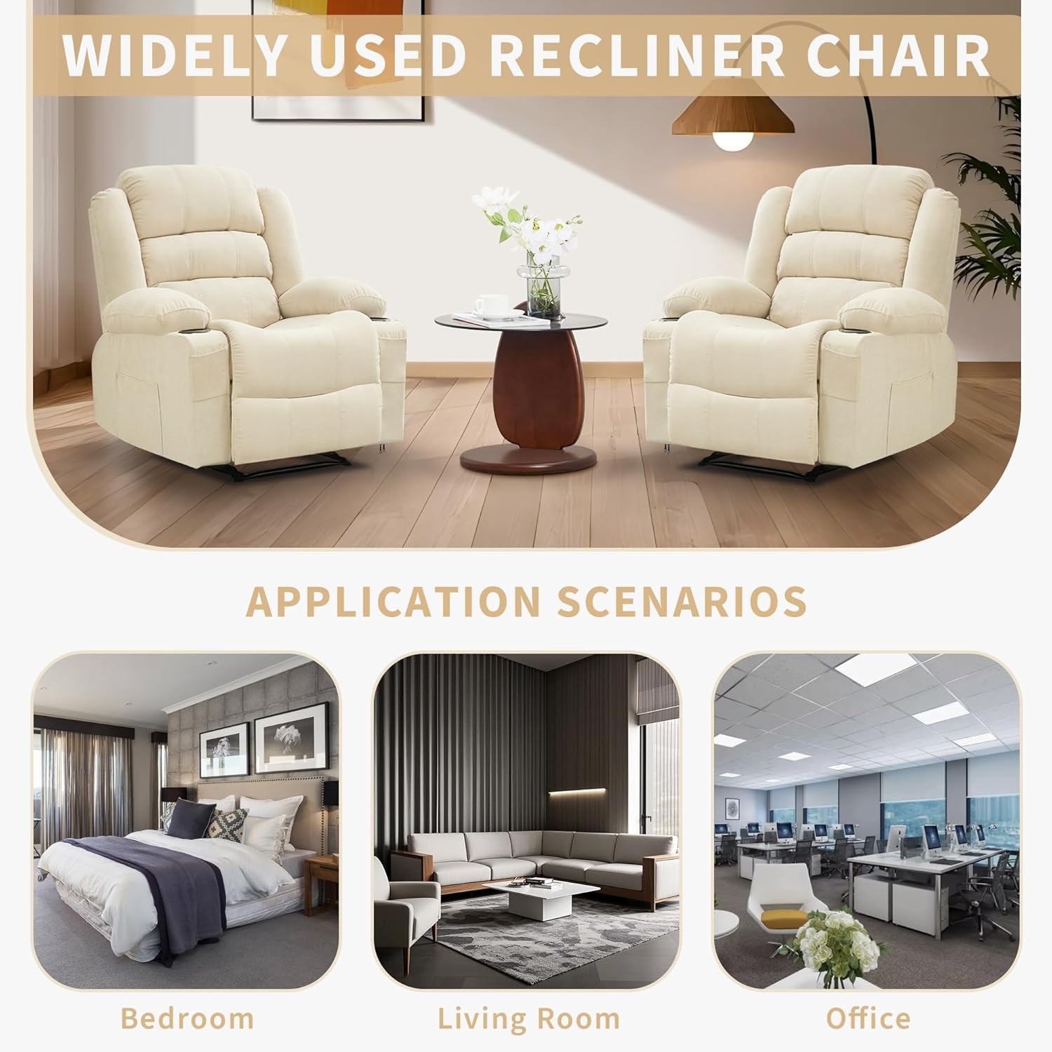 Oversized Recliner Chair with Pull Tab Recline Headrest Cup Holders Side Pockets