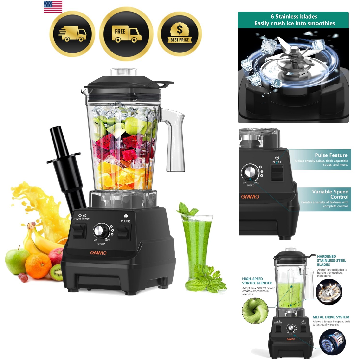 High Power Blender 1800W Smoothie Ice Crusher BPA Free 60oz Durable Jar