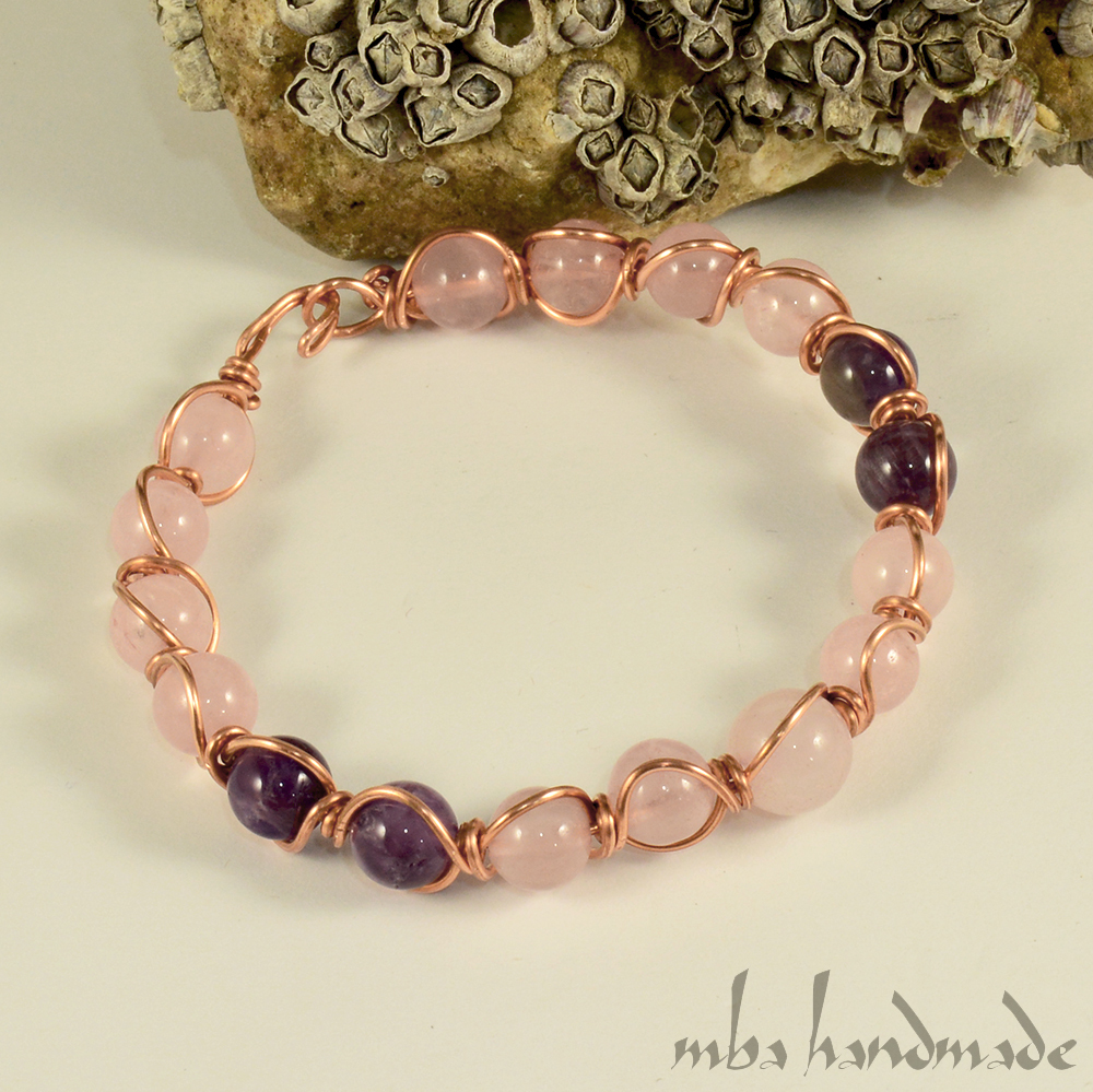 WOMEN'S ROSE QUARTZ & AMETHYST BEADS COPPER WIRE WRAPPED GEMSTONE BRACELET