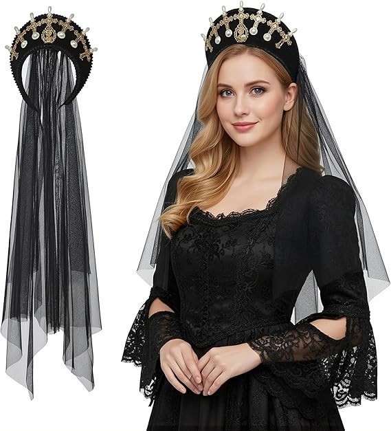 Women Renaissance Tudor Headpiece with Veil Royal French Hood Coronets Halloween