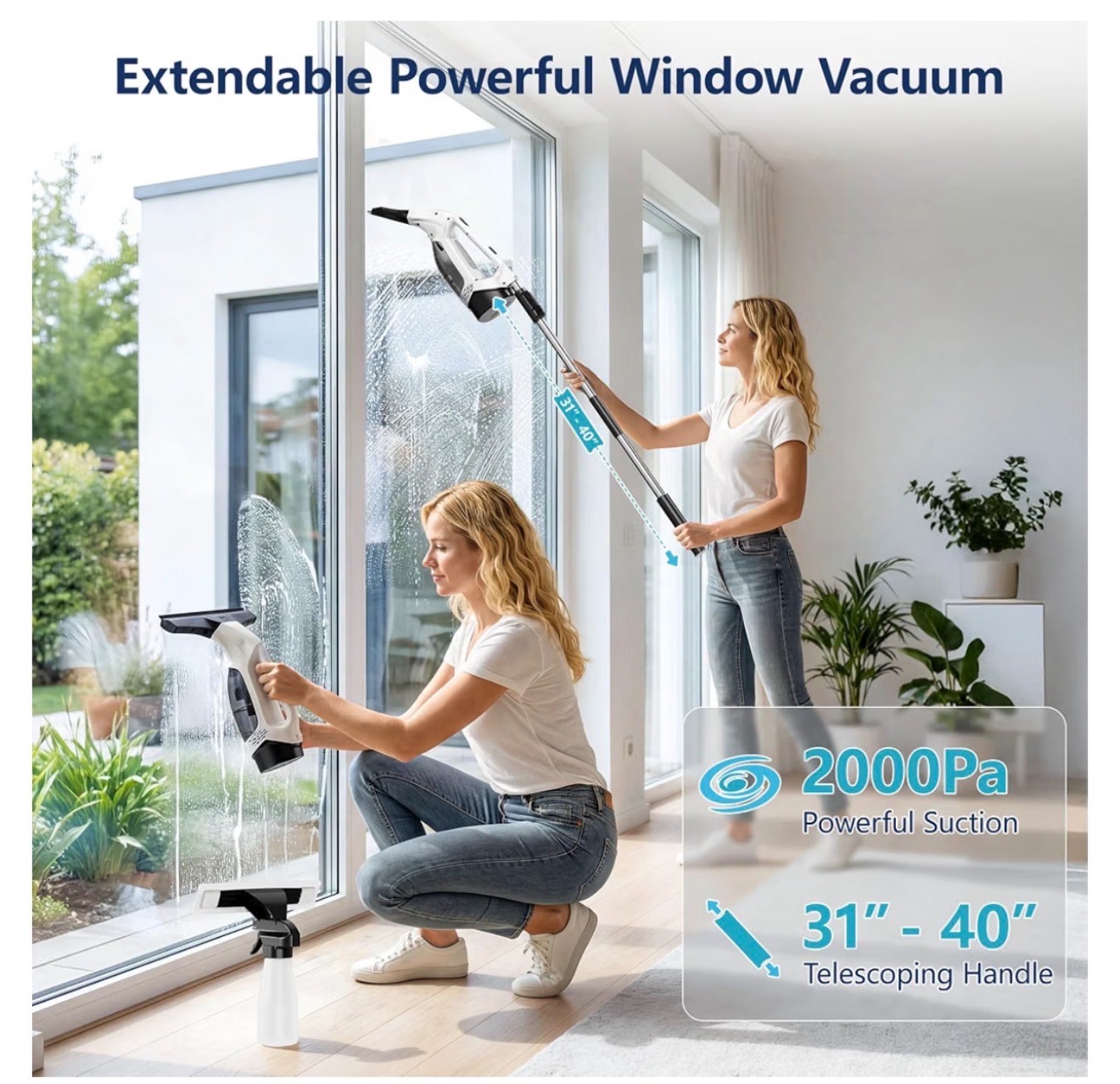 Window Vacuum Squeegee with Extendable Pole 31-40", 2000Pa Electric Window Clean