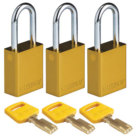 Brady Alu-Ylw-38St-Ka3pk Lockout Padlock, Keyed Alike, Aluminum, Yellow, 1 1/2