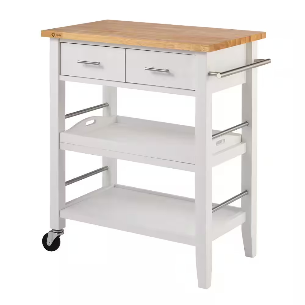 White Kitchen Cart with Natural Wood Top