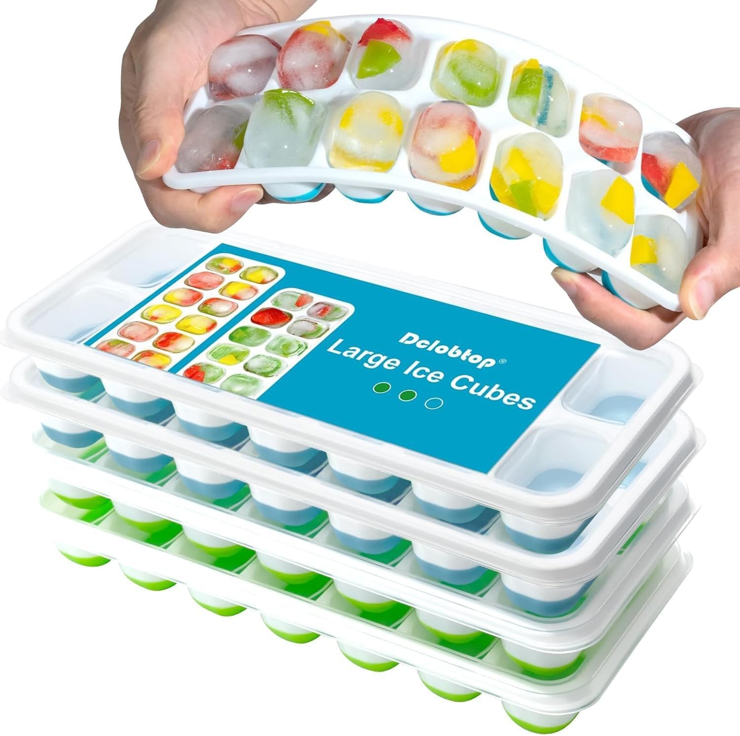 3 Pack Ice Cube Trays W/ Lids Flexible Silicone Bottom Easy Release Stackable