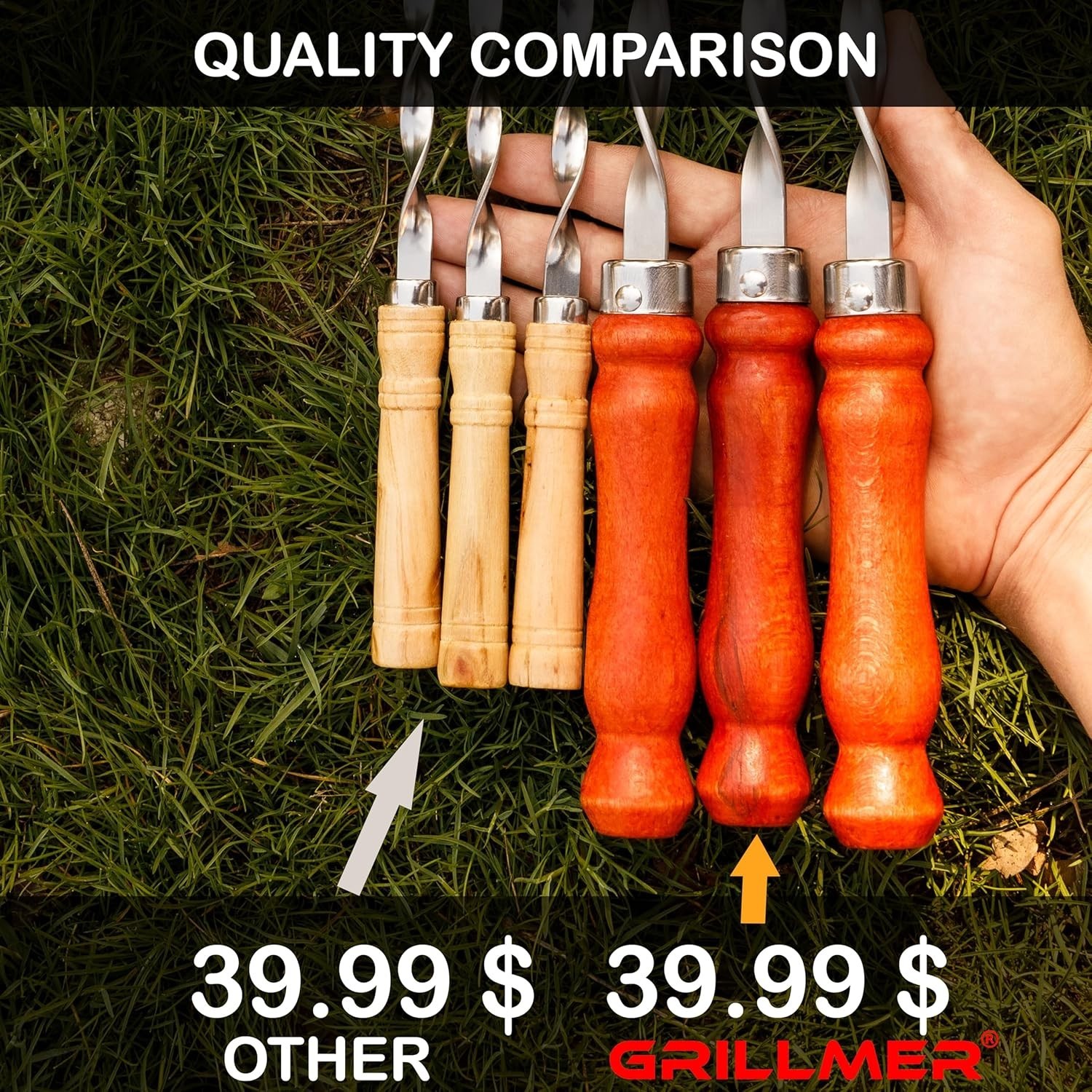 Long Stainless Steel BBQ Skewers 23.6" — Shish Kabob/Kebab Sticks, Flat Heavy...