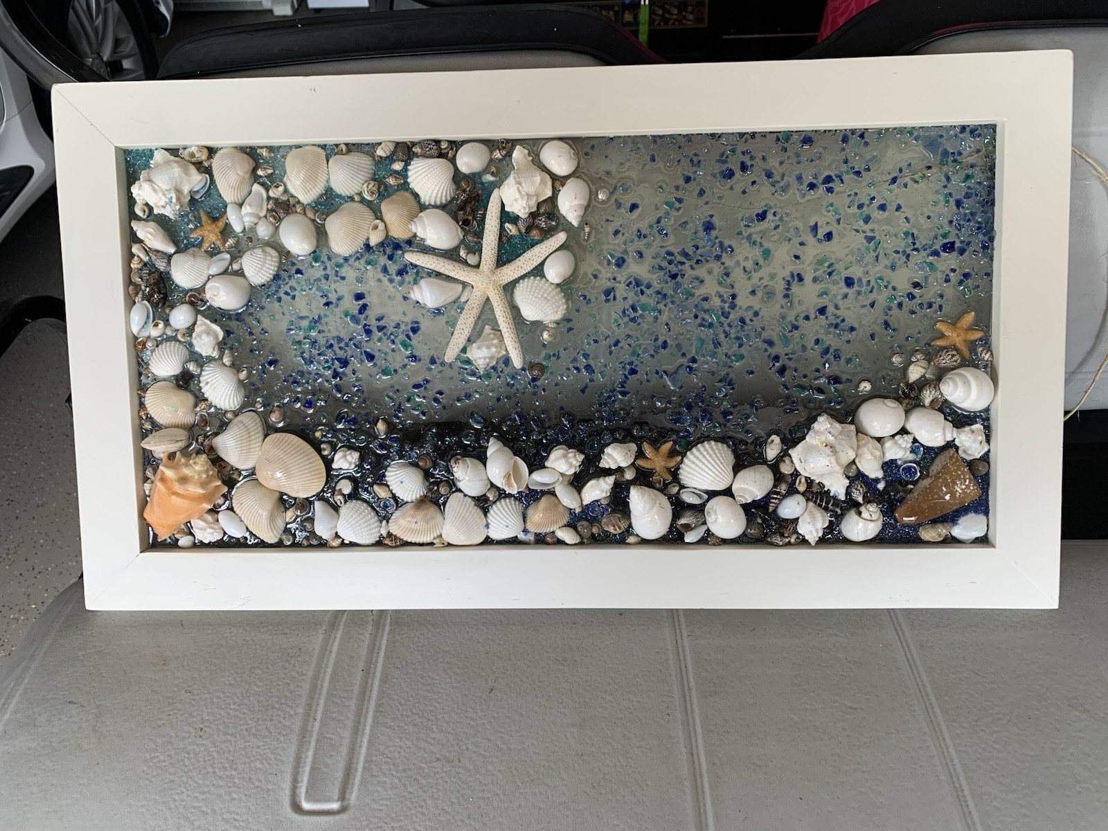Handmade 13” X 24” Framed Resin Coastal Art With Shells & Starfish