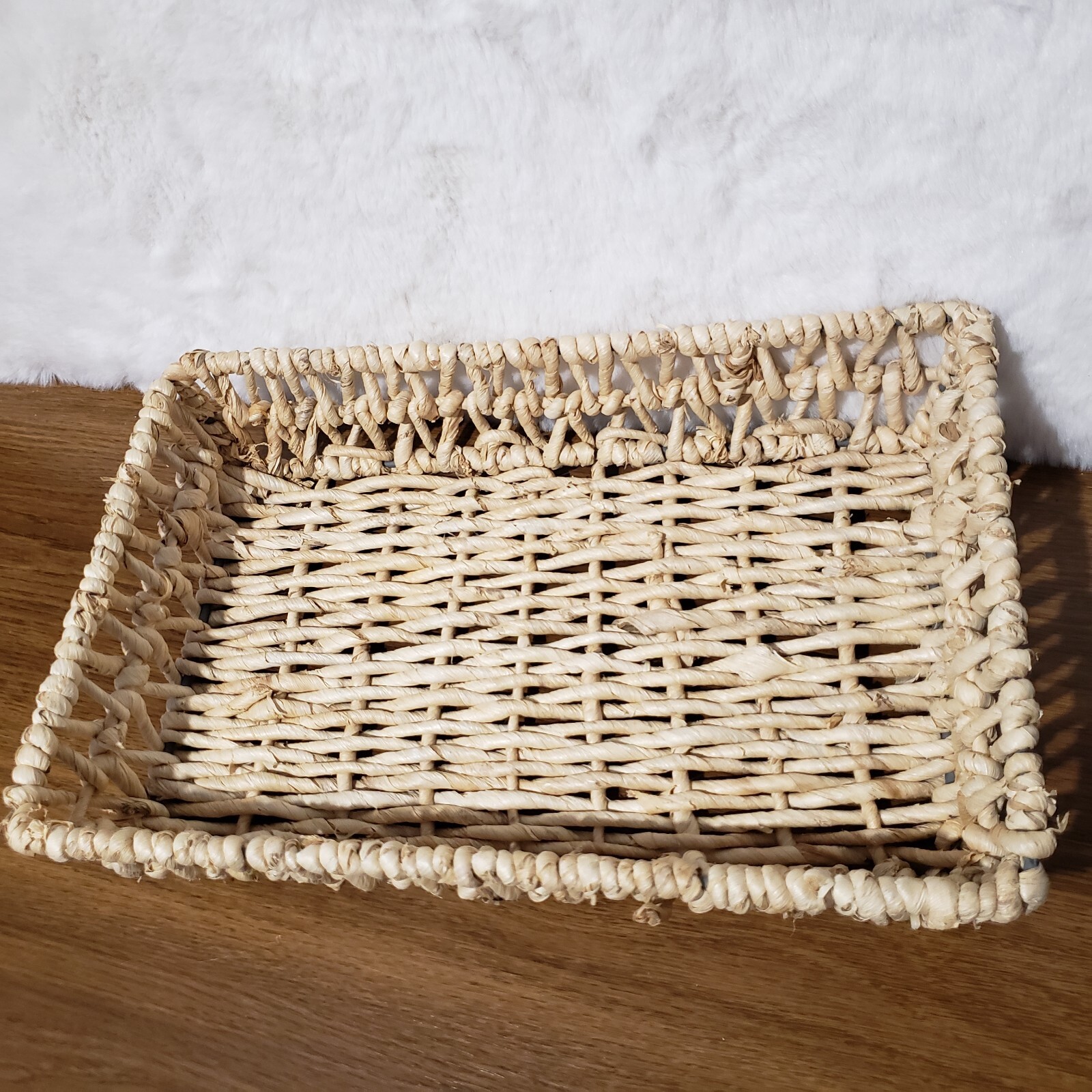 Wicker Rattan Basket Serving Tray Rectangle Metal Frame Storage Decor Woven