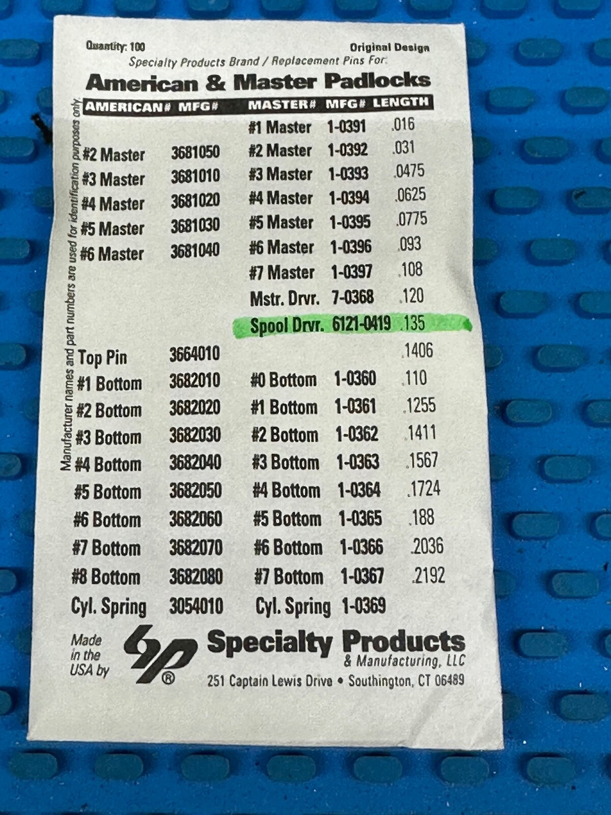 American and Master Padlock Security Spool Driver Top Pins 6121-0419  100 PACK