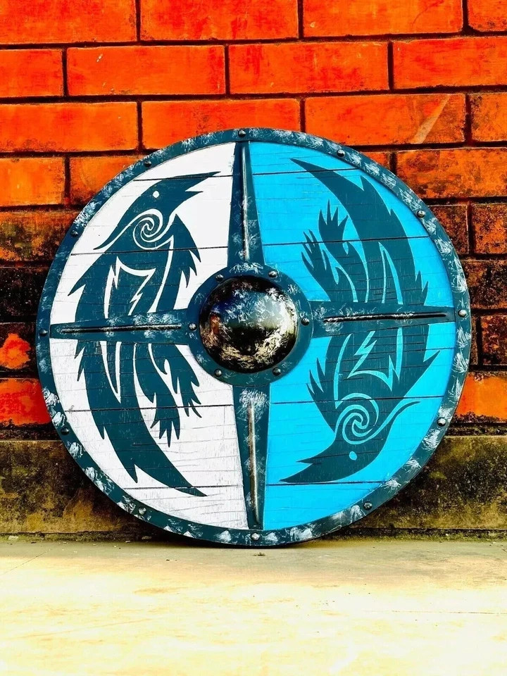 Medieval Bird Design Wooden Viking Shield with Heavy Metal Fittings Halloween