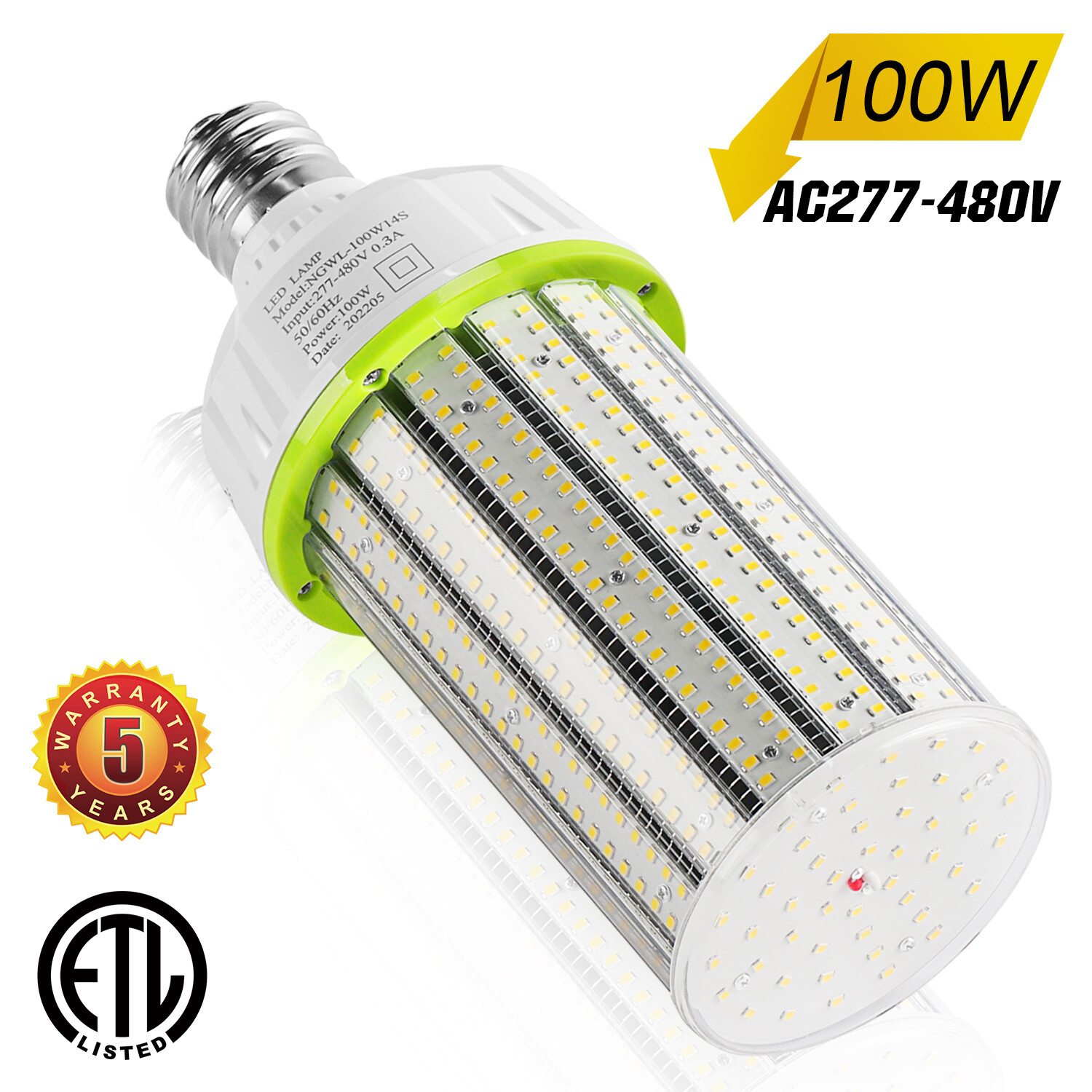 277-480V LED Corn Light 100 Watt Industrial Warehouse Garage Commercial Gym Lamp