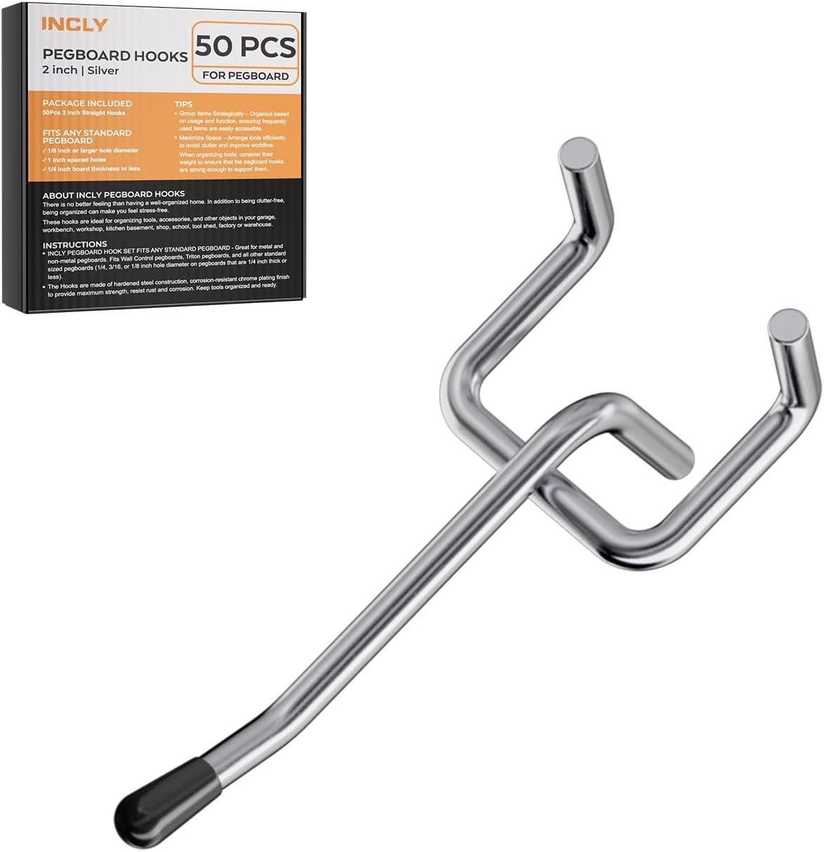 50 Pack Pegboard Hooks, 2 Inch Metal Peg Board Hooks Accessories, Peg