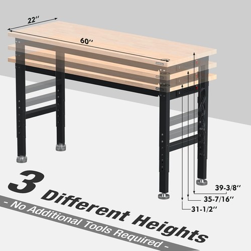 WORKPRO 60" Adjustable Workbench 2000LBS Load Capacity Hardwood Worktable Garage