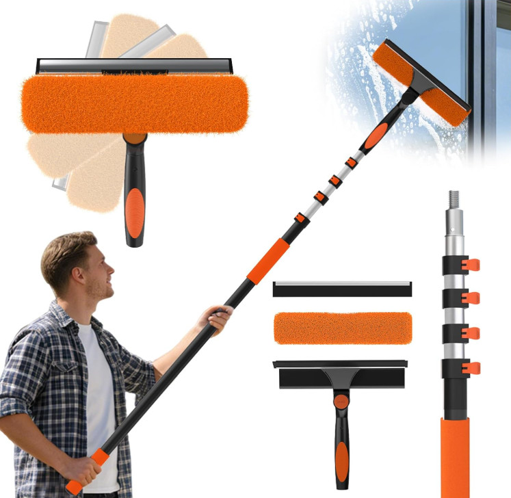 Kit Limpiacristales 25 Pies con Poste Telescópico y Cabezal Giratorio, Nuevo