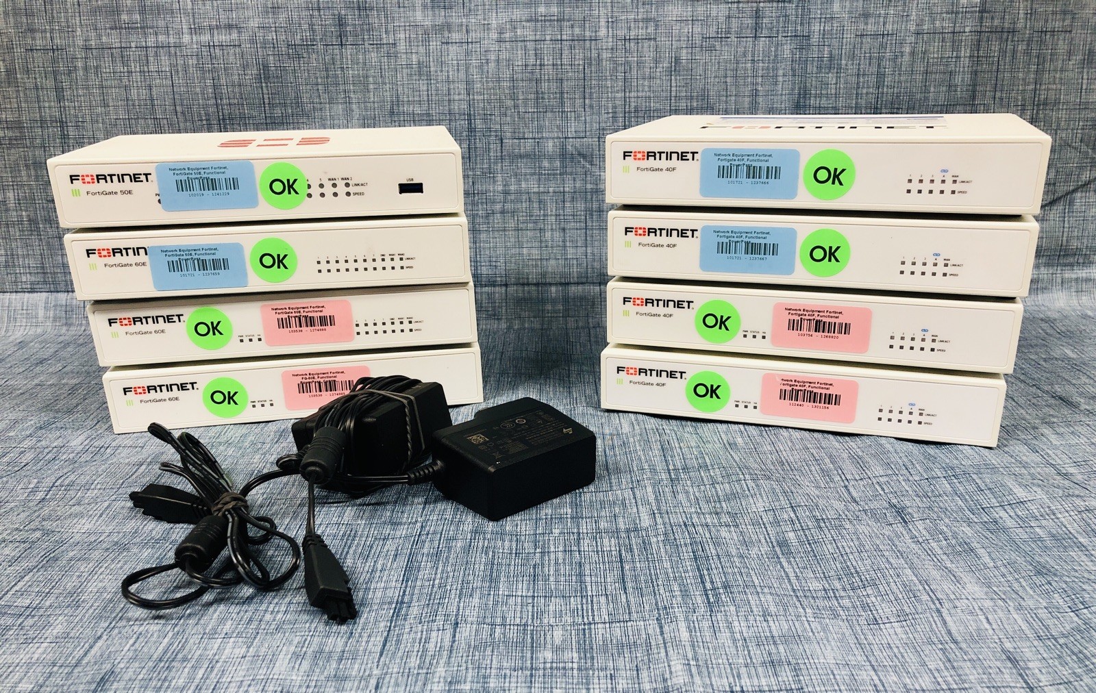 Lot of 8 Fortinet FortiGate Firewalls – 4x 40F, 1x 50E, 3x 60E – Tested & Reset