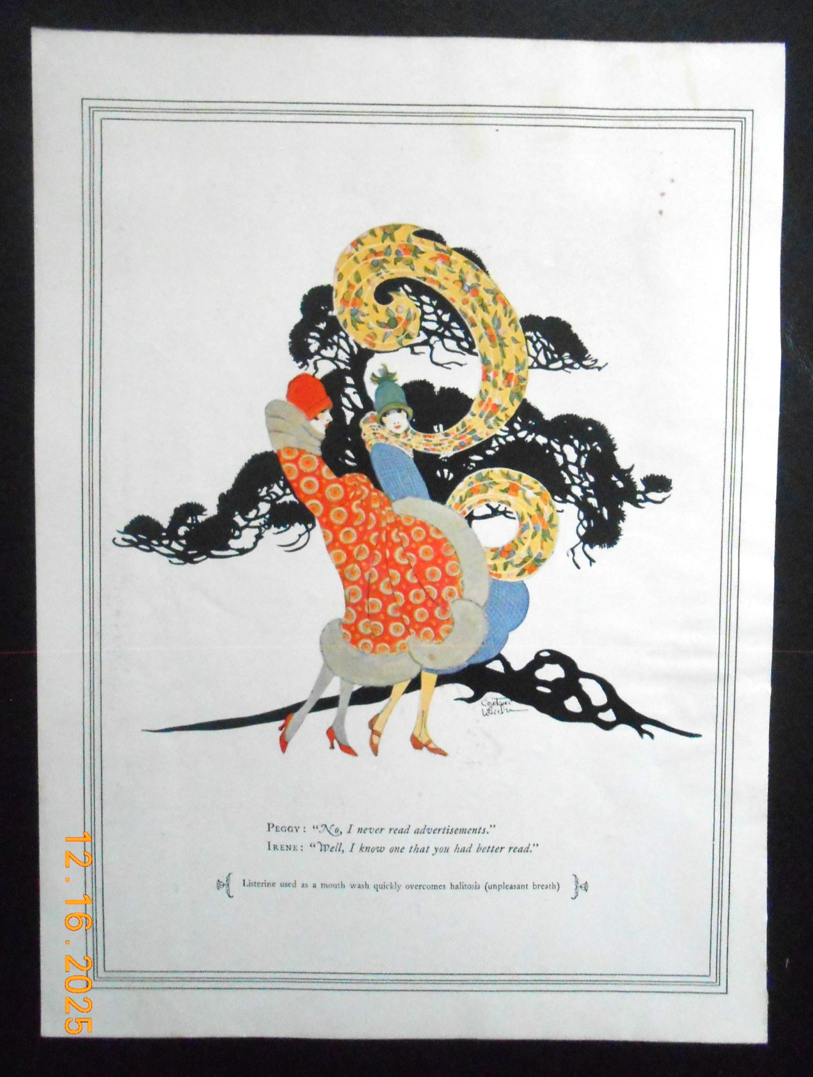 1925 Listerine mouth wash 2 Flapper girls women art AD Hartford-Saxony Rug NY