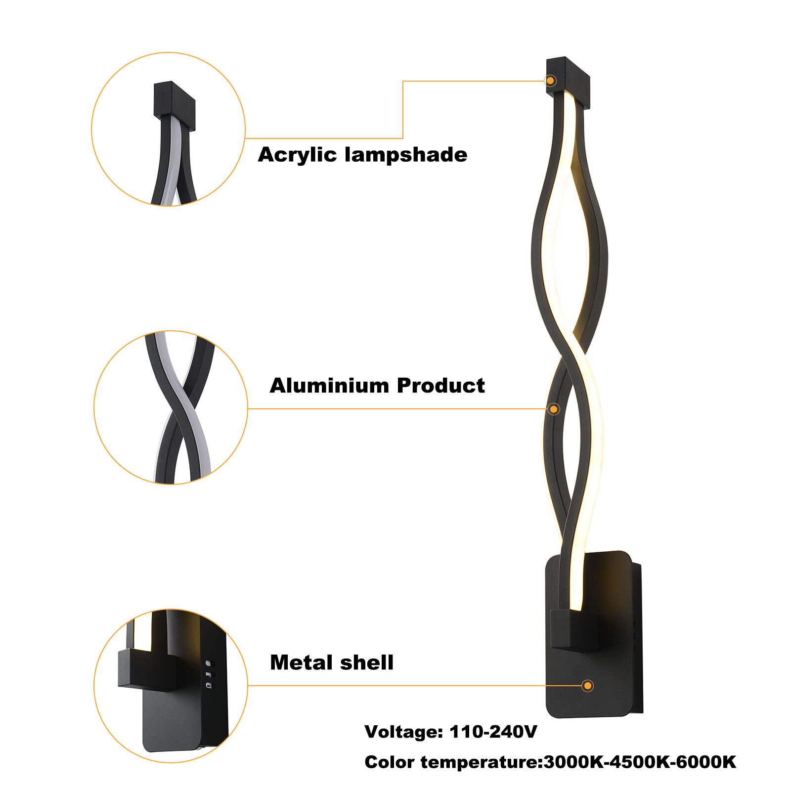 Modern 16W LED Wall-mounted Light Lamp Dimmable Black+Clear Wall Sconce Lighting
