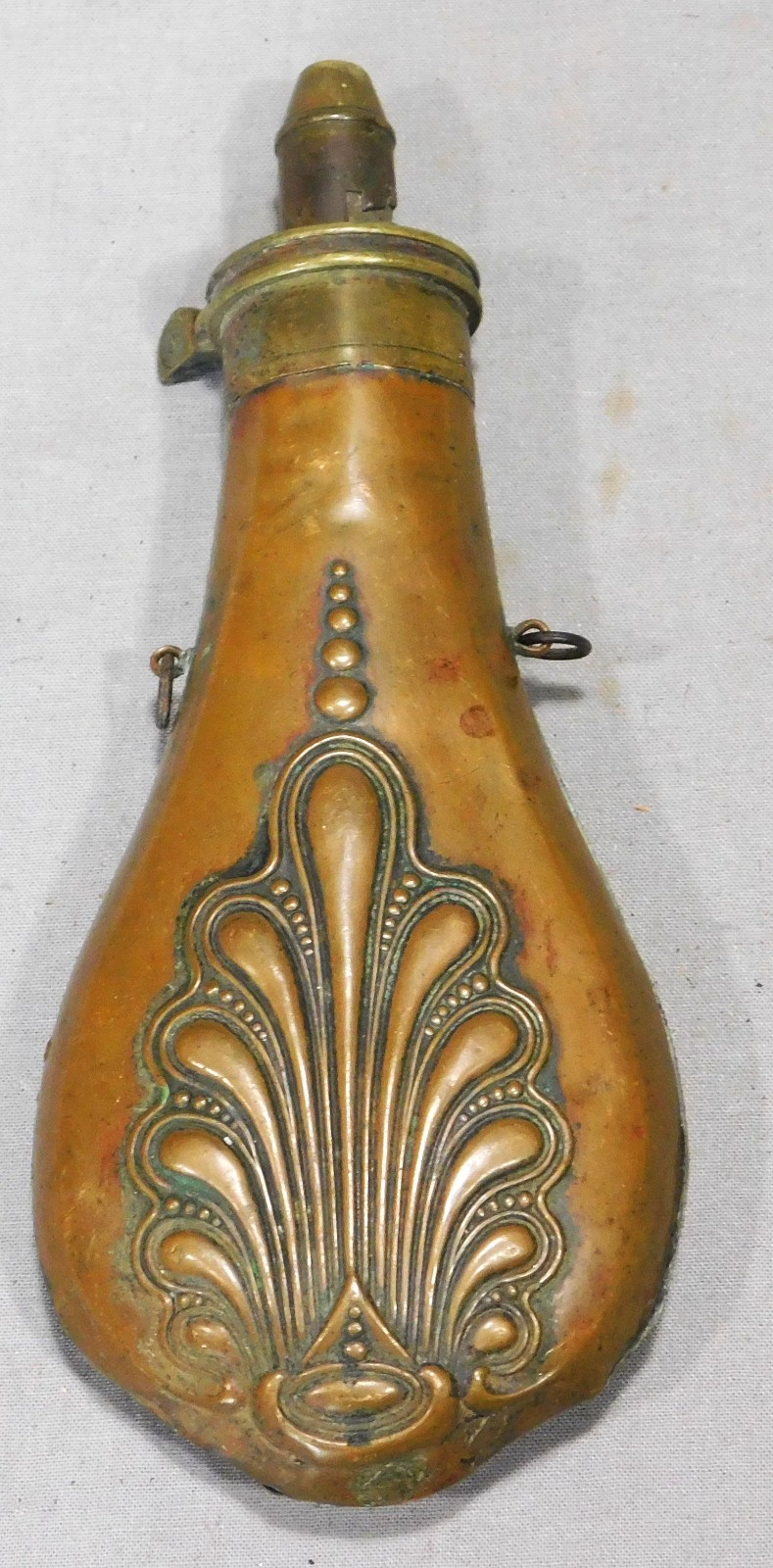 Antique Victorian Copper Black Powder Flask Shell Motif Hawksley Style c1860