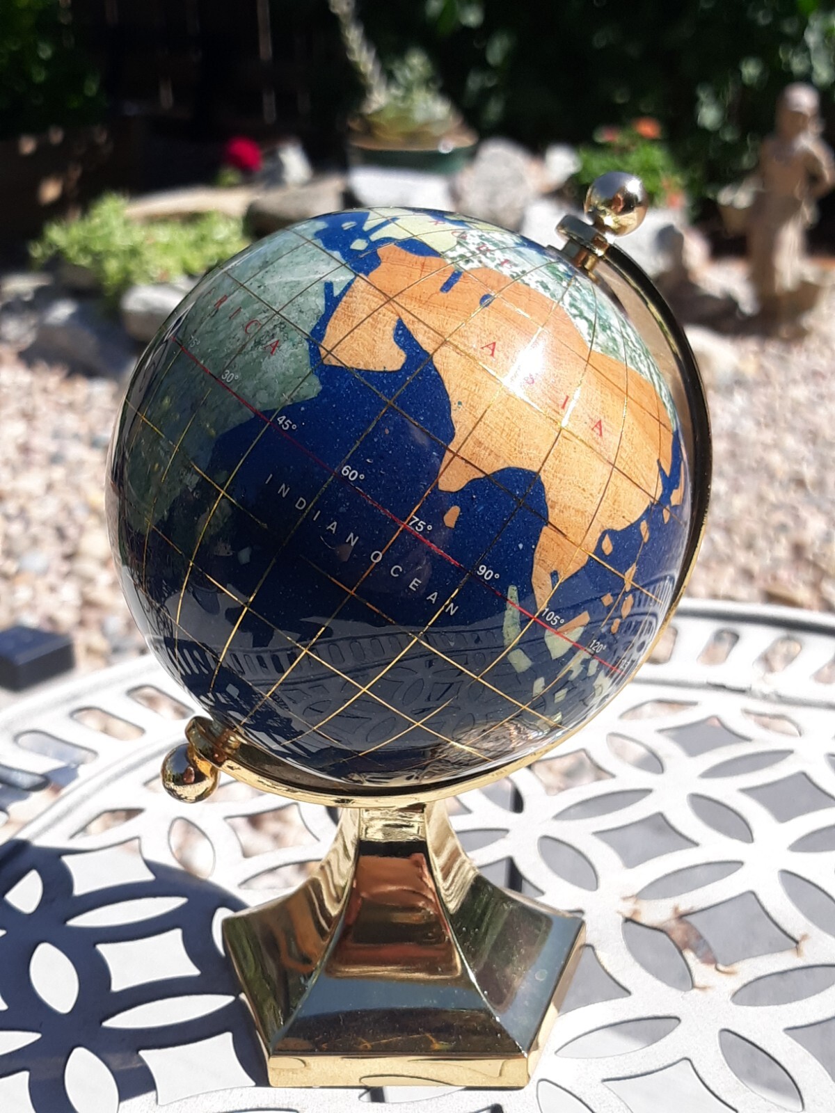 Miniature Desk Top Gemstone Inlay World Globe Stand Travel 5.5”