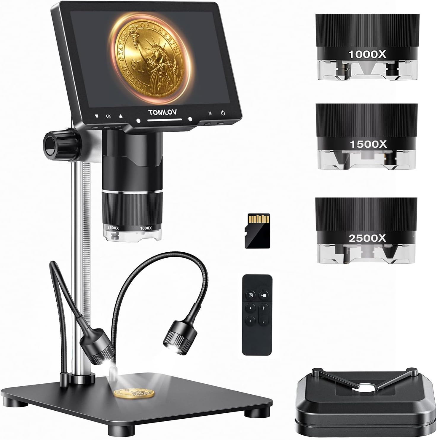 TOMLOV Tril107 3-Lens Digital Microscope: 7" 2500X 2K HD Coin Microscope Magnifi