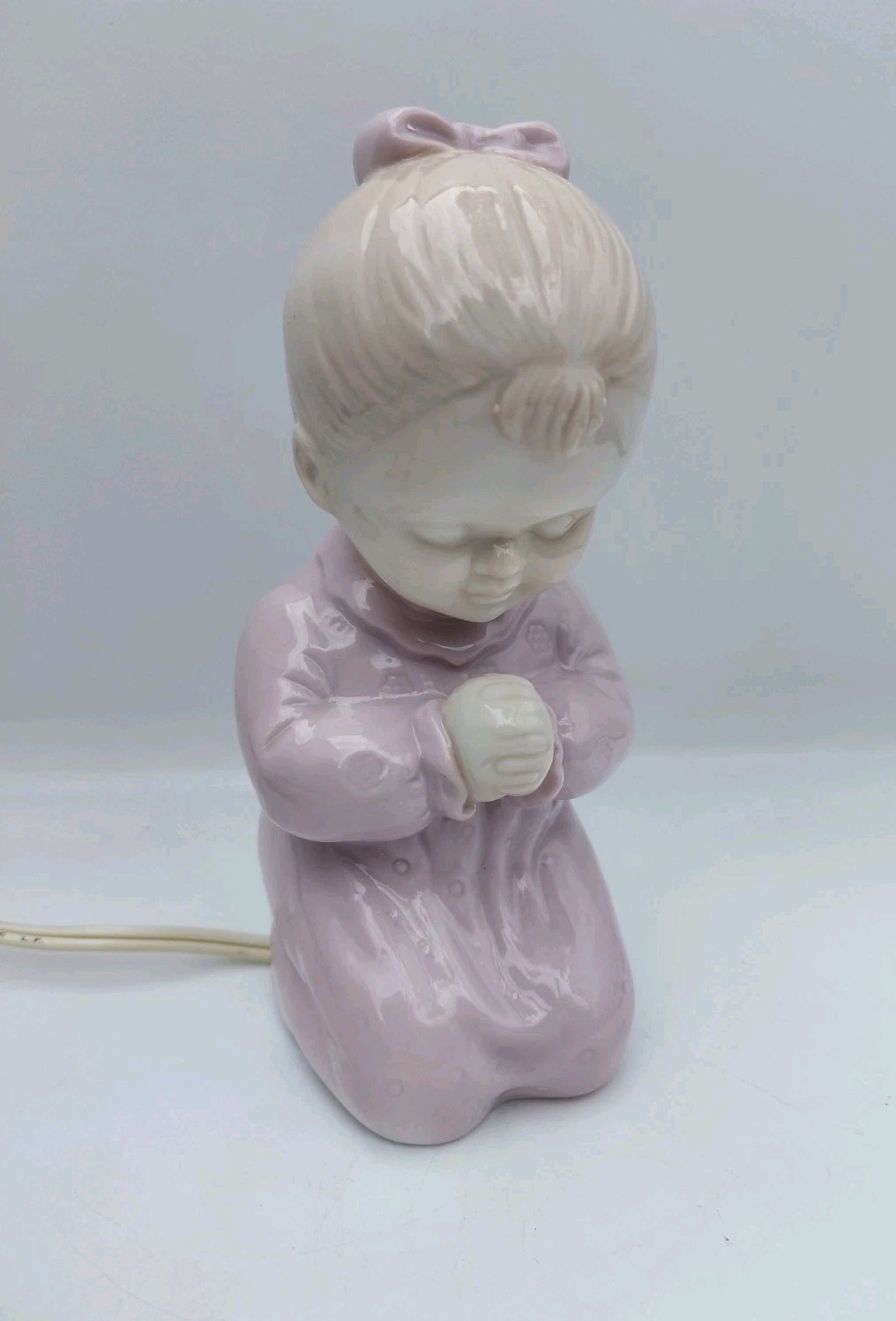 Vintage Porcelain Praying Girl Night Light Table Lamp Pink Nursery Baby Light