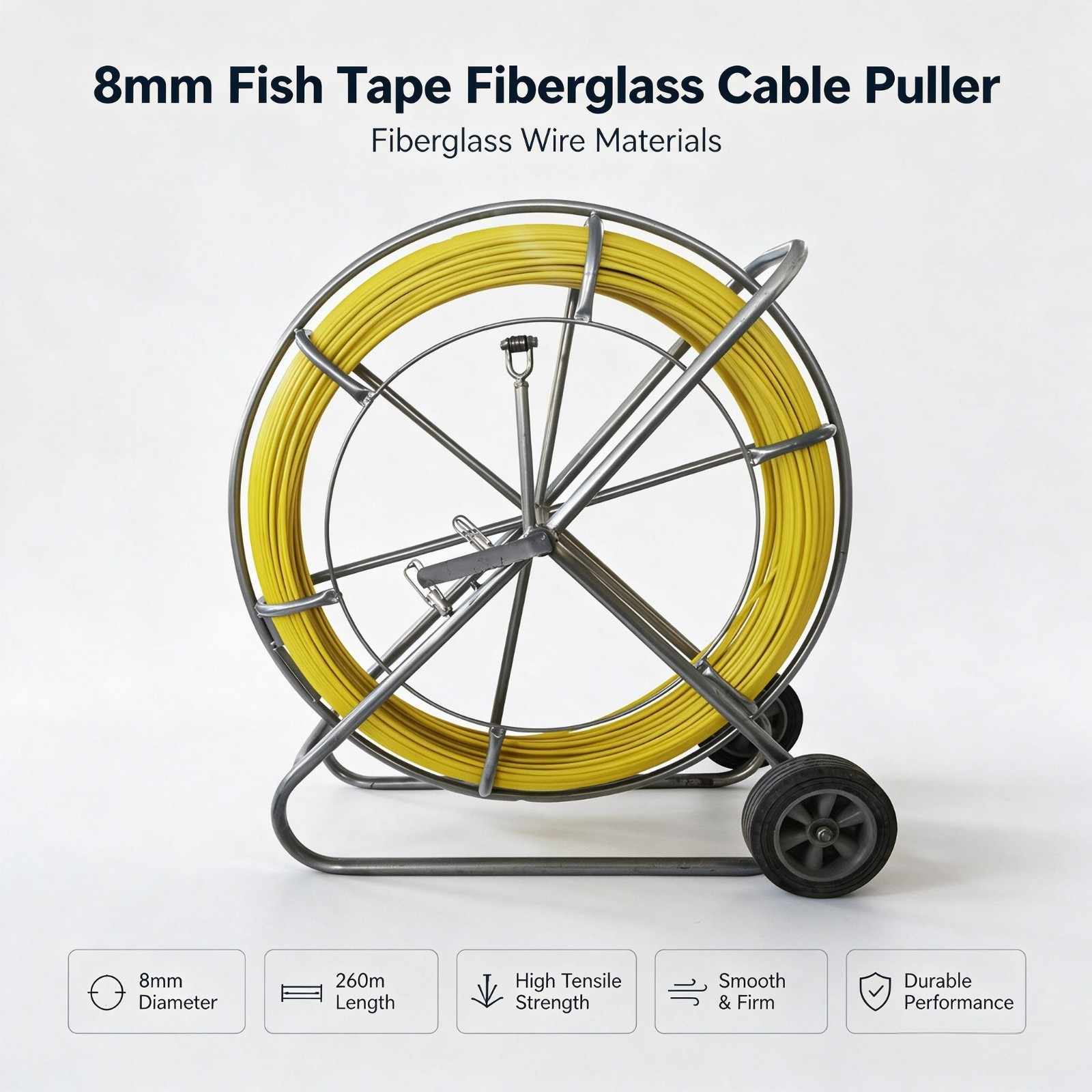 8mm Fish tape Fiberglass Wire Cable Running Rod Duct Rodder Fishtape Puller 260m